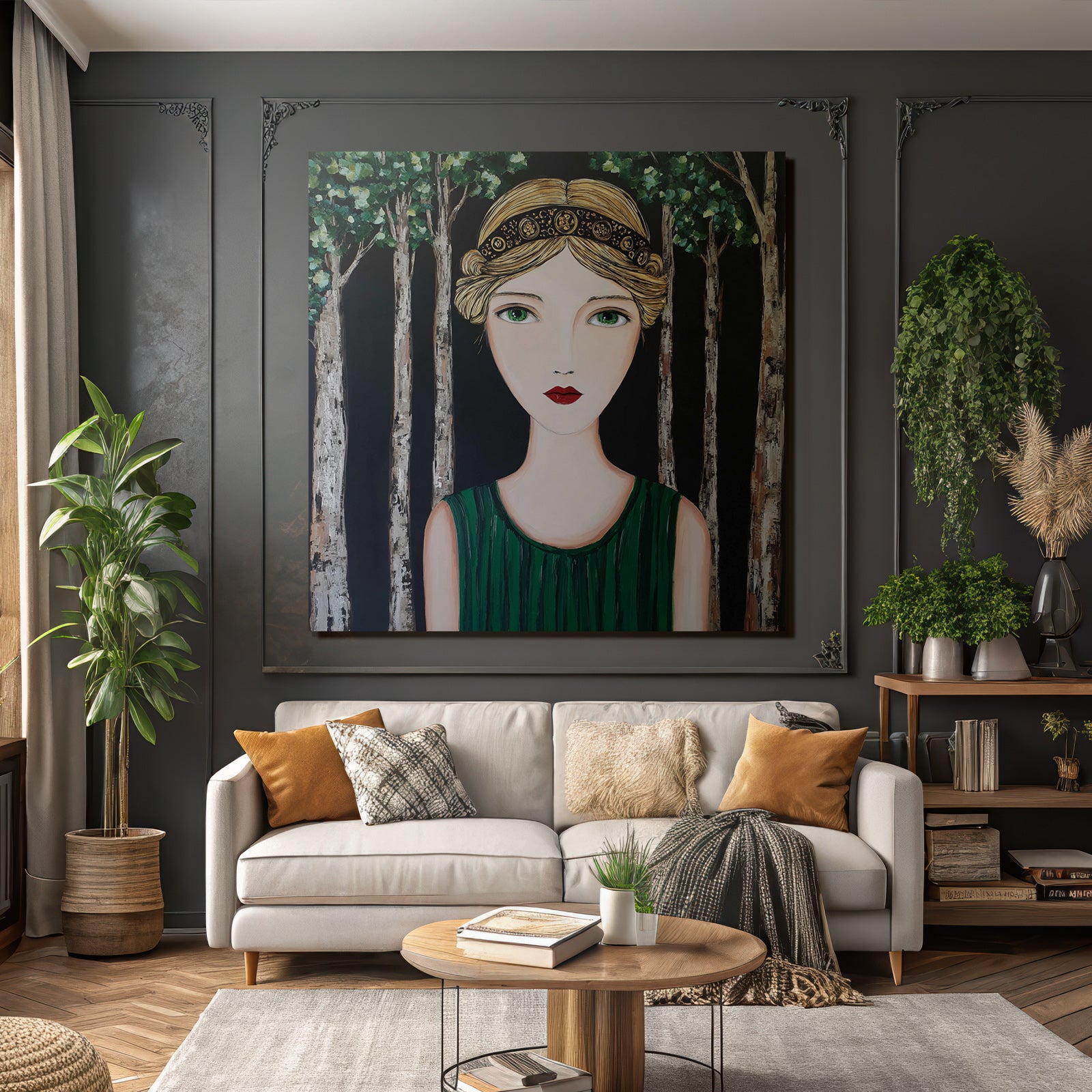 ArtDeco Frau Mit Grünem Kleid Vor Dunklem Waldhintergrund