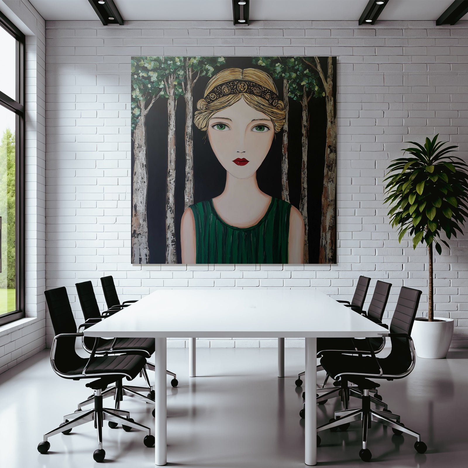 ArtDeco Frau Mit Grünem Kleid Vor Dunklem Waldhintergrund