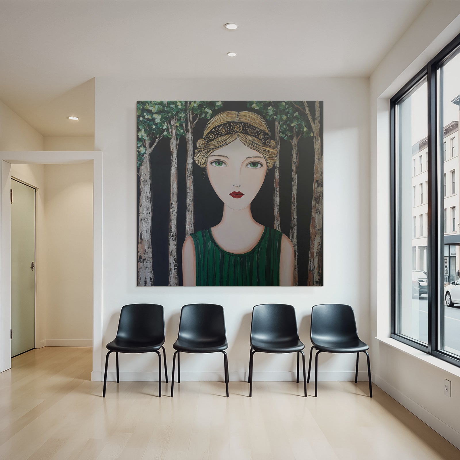ArtDeco Frau Mit Grünem Kleid Vor Dunklem Waldhintergrund