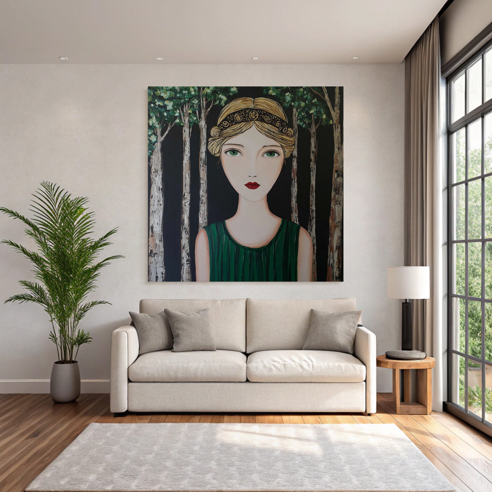 ArtDeco Frau Mit Grünem Kleid Vor Dunklem Waldhintergrund