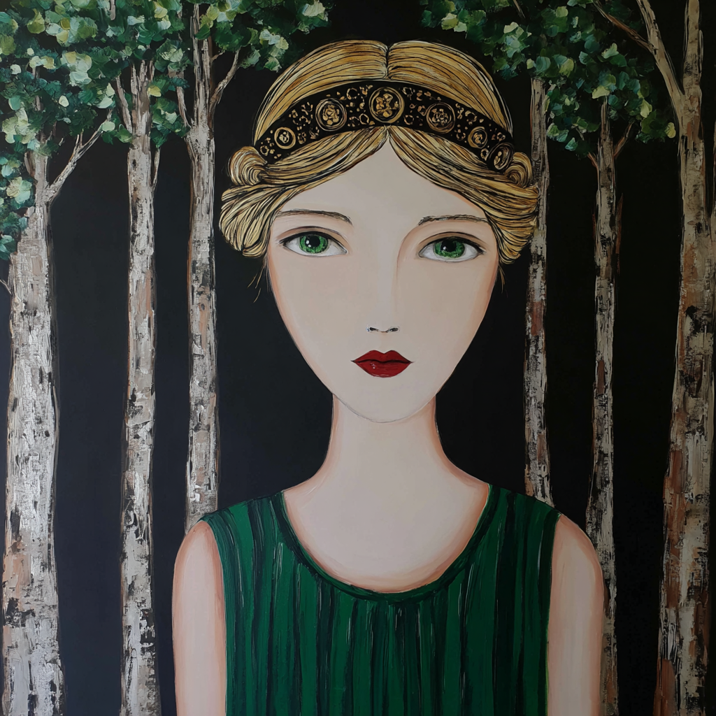 ArtDeco Frau Mit Grünem Kleid Vor Dunklem Waldhintergrund | Art Deco | Stilrichtungen