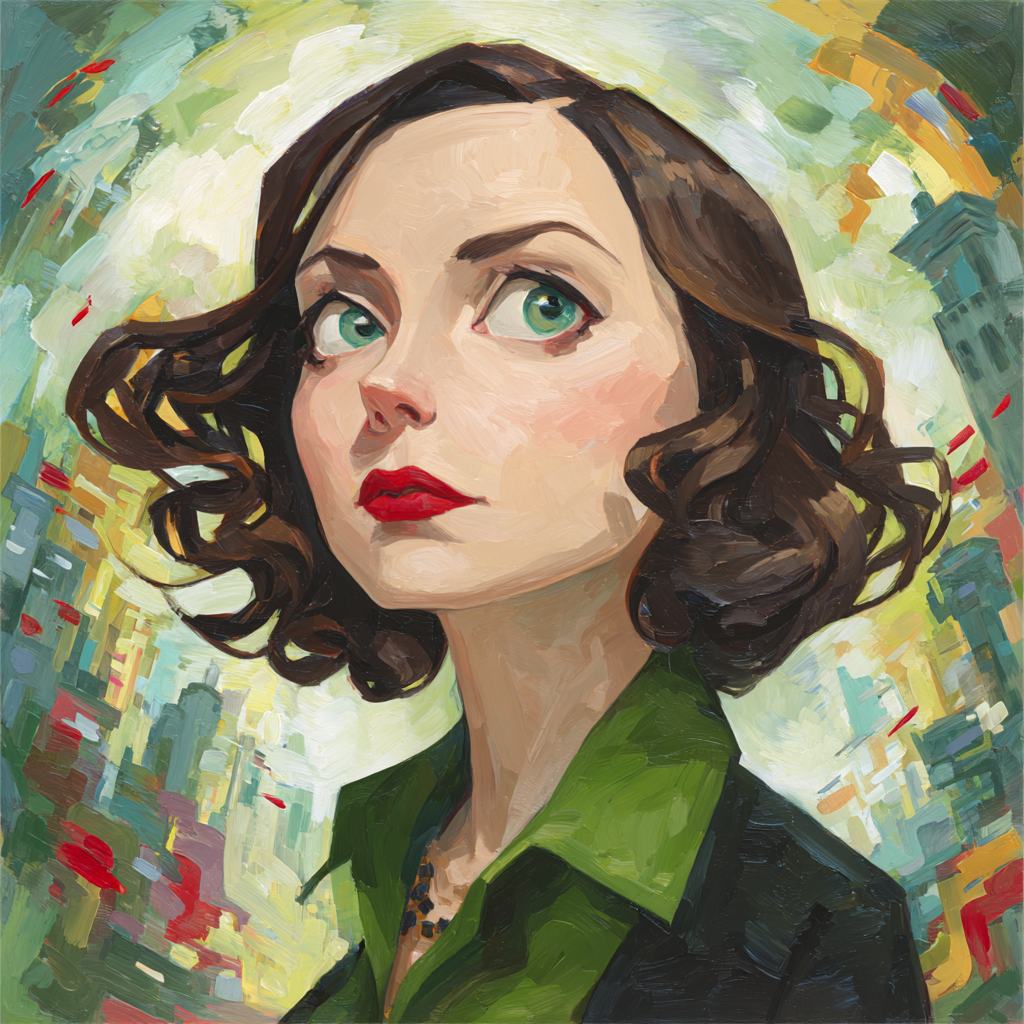 ArtDeco Frau Mit Lockigem Haar Grünen Augen Roten Lippen Und Abstraktem Hintergrund | Art Deco | Stilrichtungen