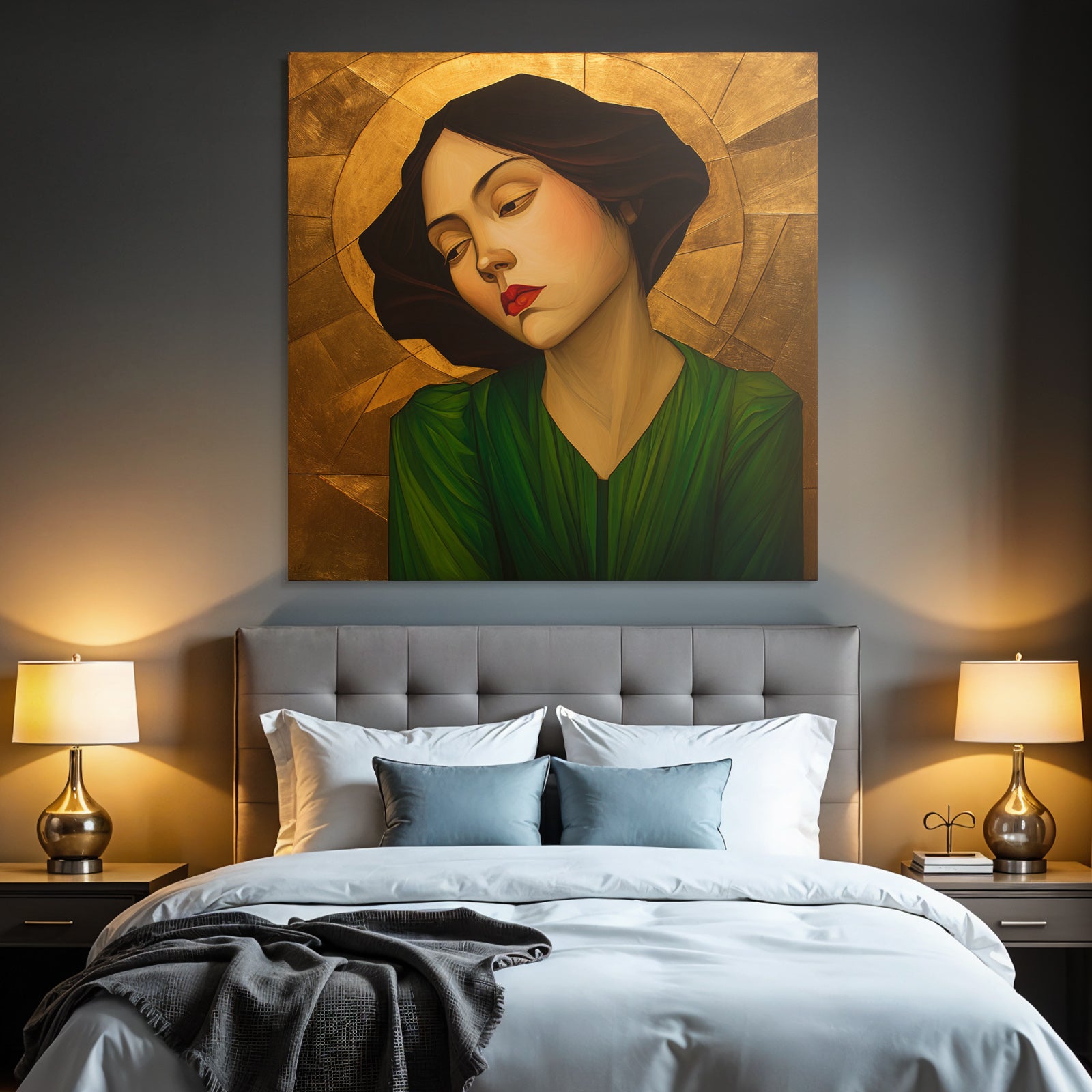 ArtDeco Frau Mit Nachdenklichem Blick Vor Goldgrünem Hintergrund