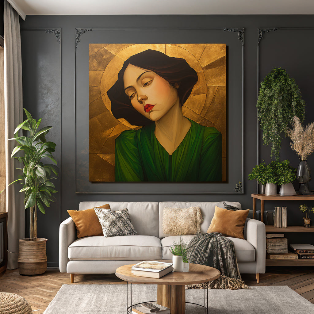 ArtDeco Frau Mit Nachdenklichem Blick Vor Goldgrünem Hintergrund