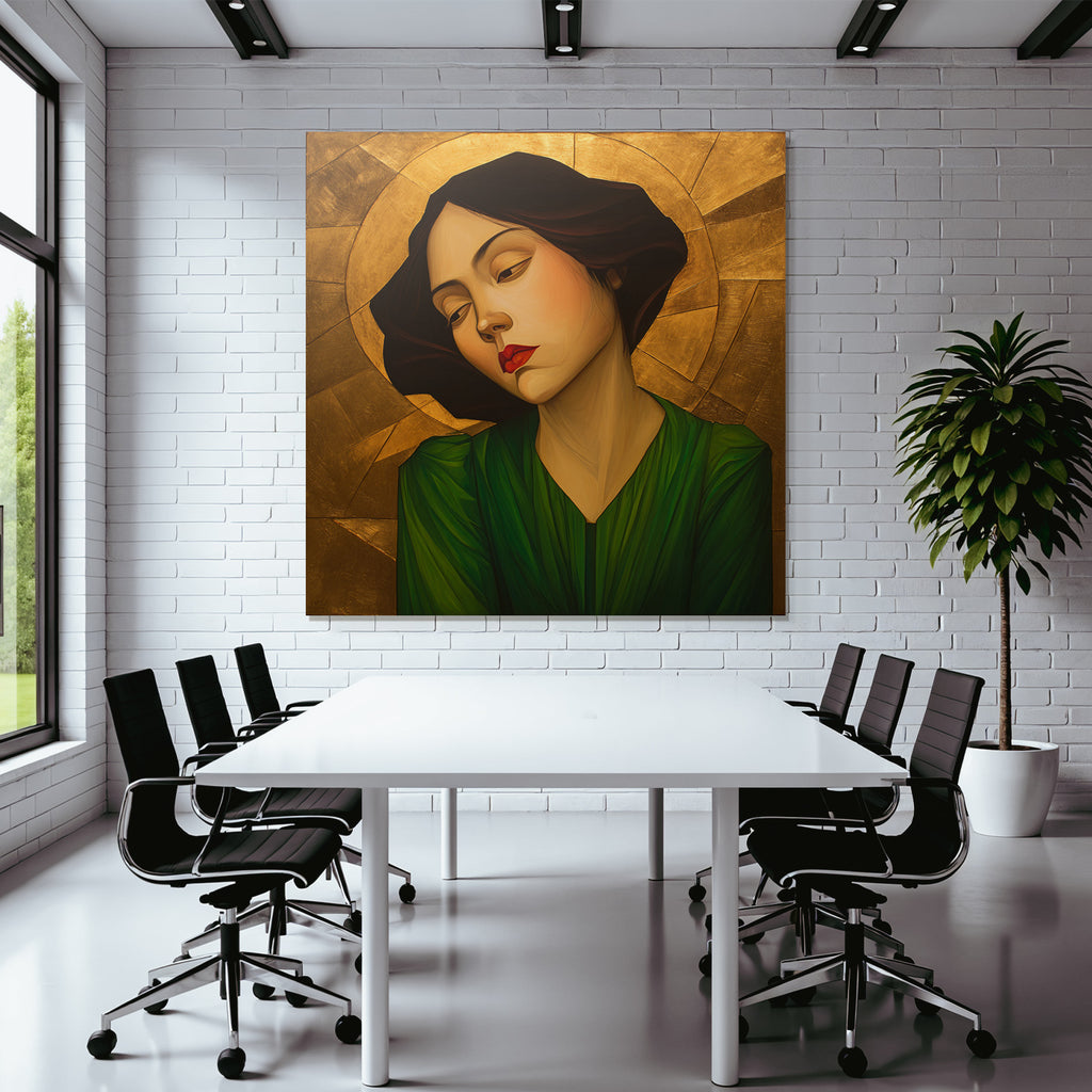 ArtDeco Frau Mit Nachdenklichem Blick Vor Goldgrünem Hintergrund