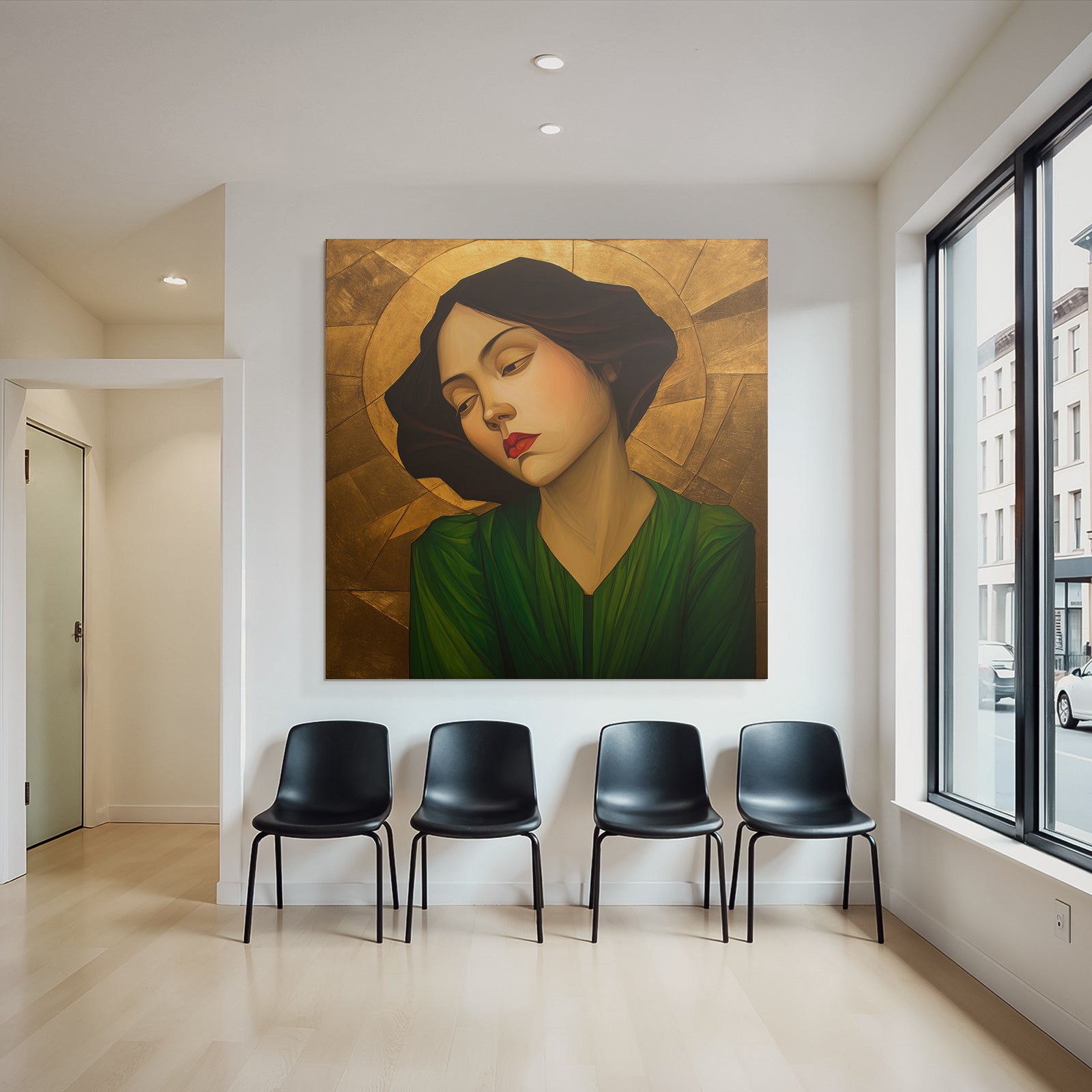 ArtDeco Frau Mit Nachdenklichem Blick Vor Goldgrünem Hintergrund