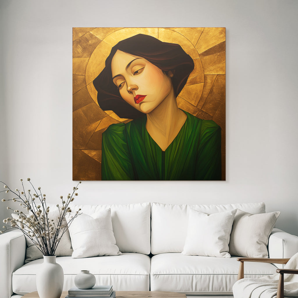 ArtDeco Frau Mit Nachdenklichem Blick Vor Goldgrünem Hintergrund