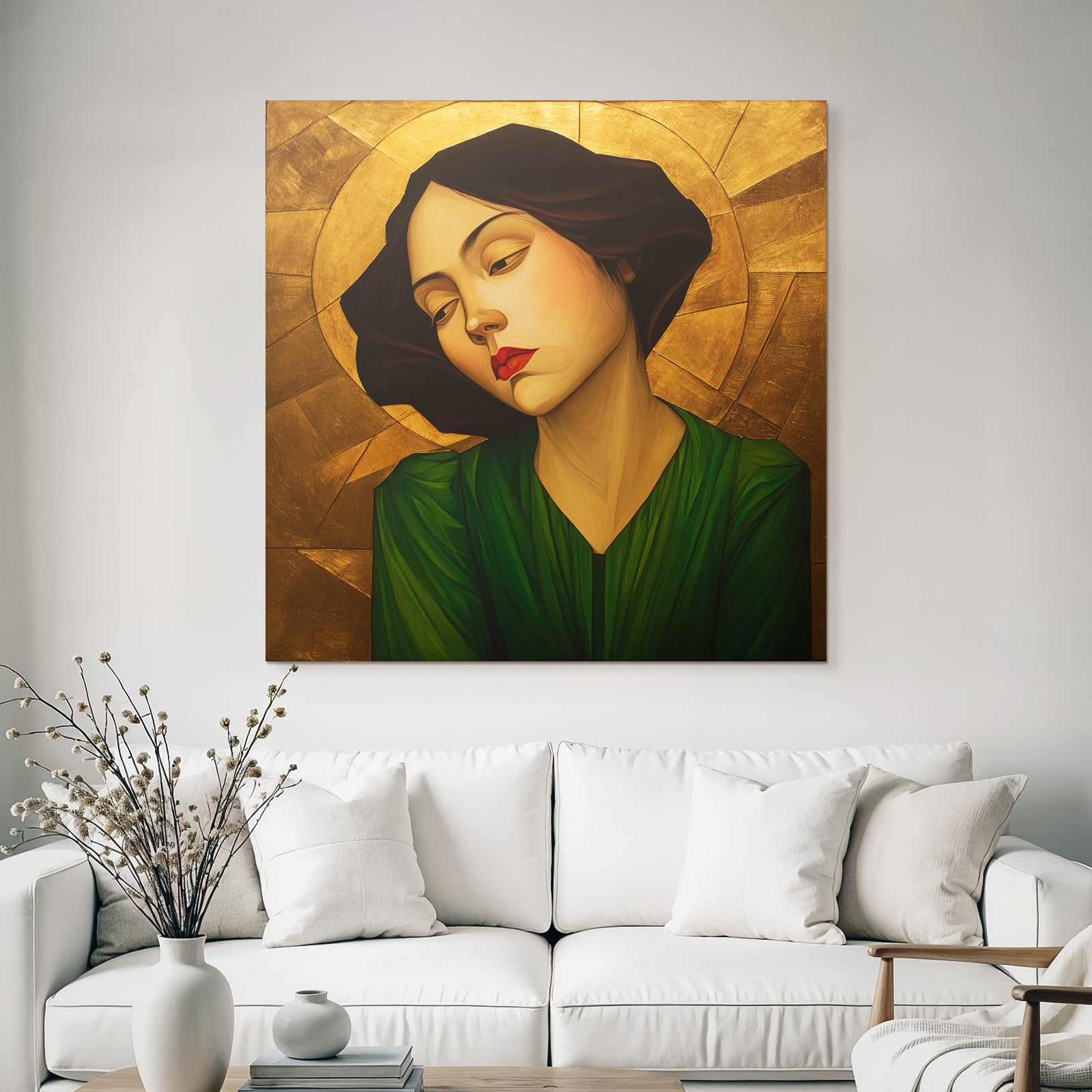 ArtDeco Frau Mit Nachdenklichem Blick Vor Goldgrünem Hintergrund