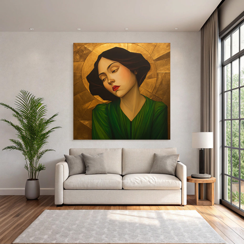 ArtDeco Frau Mit Nachdenklichem Blick Vor Goldgrünem Hintergrund