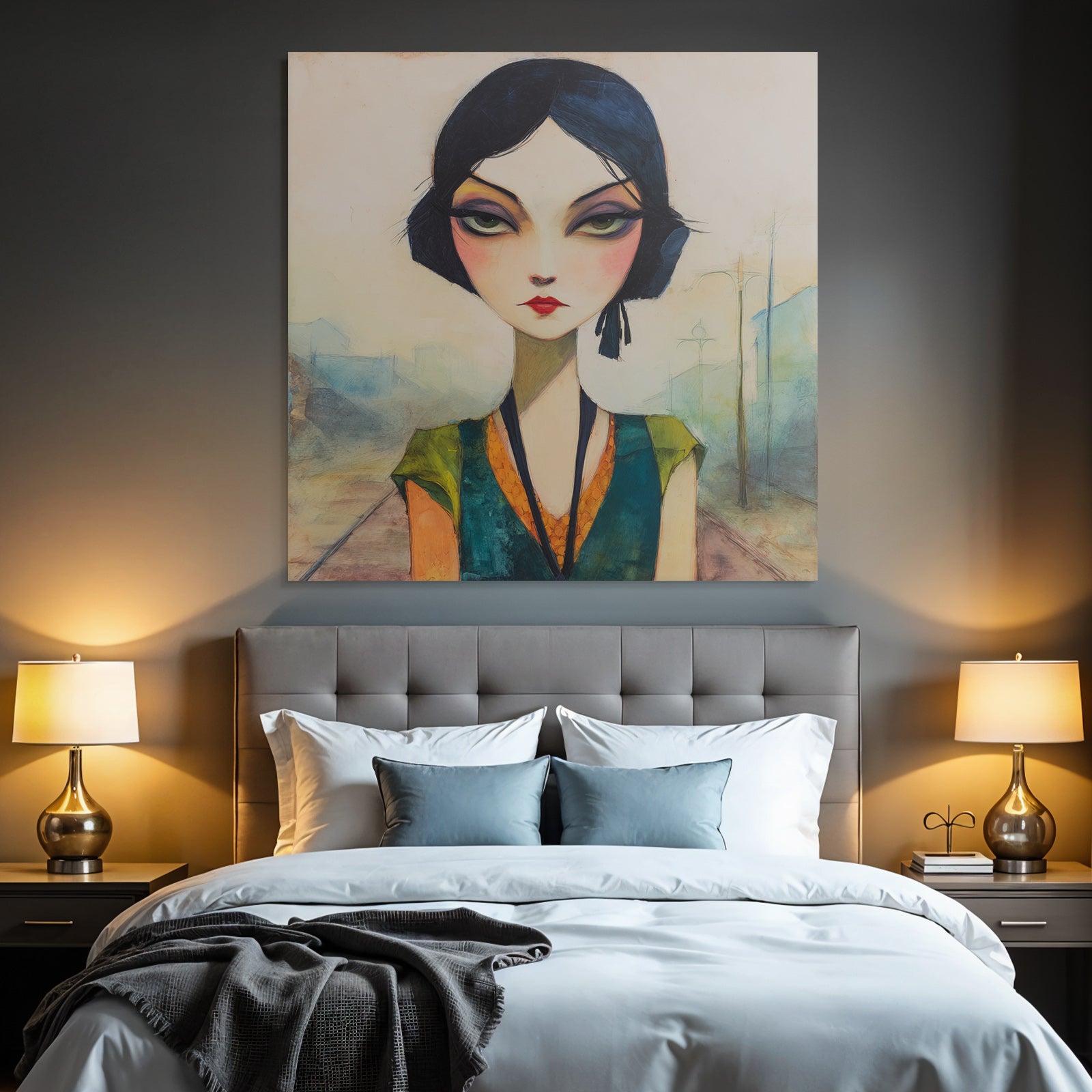 ArtDeco Frau Mit Übergrossen Augen Und Leuchtenden Farben Vor Urbaner Kulisse