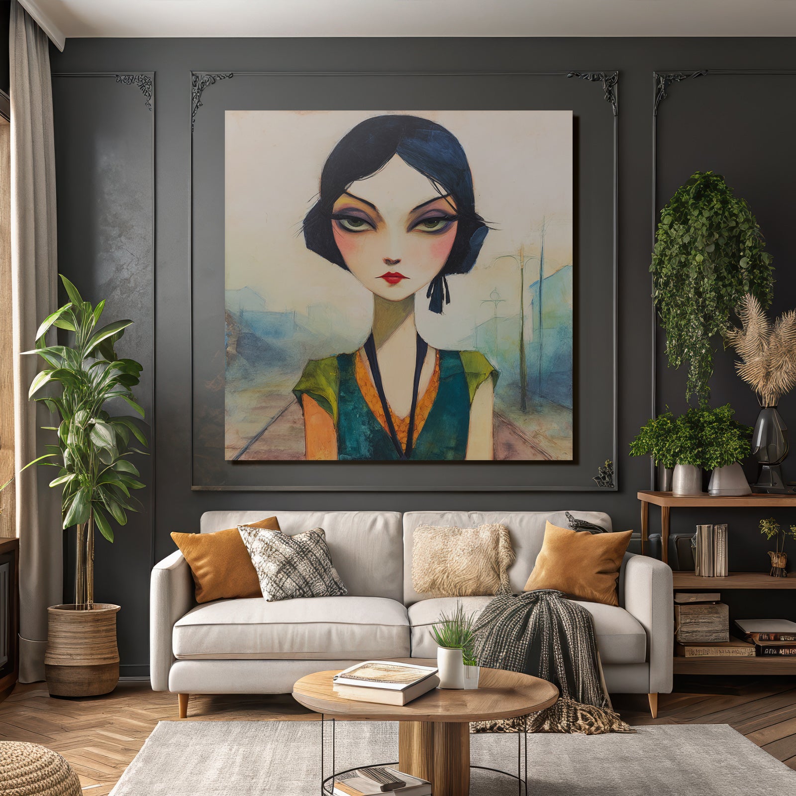 ArtDeco Frau Mit Übergrossen Augen Und Leuchtenden Farben Vor Urbaner Kulisse