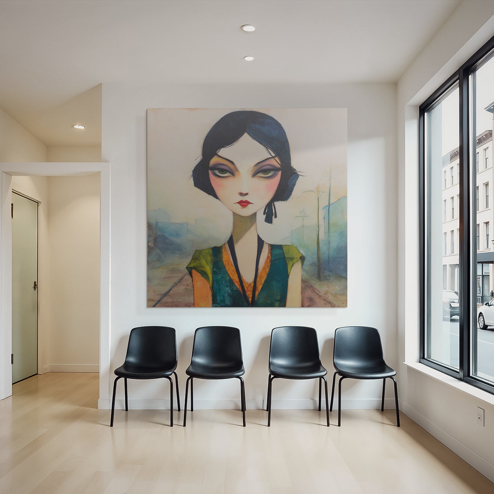 ArtDeco Frau Mit Übergrossen Augen Und Leuchtenden Farben Vor Urbaner Kulisse