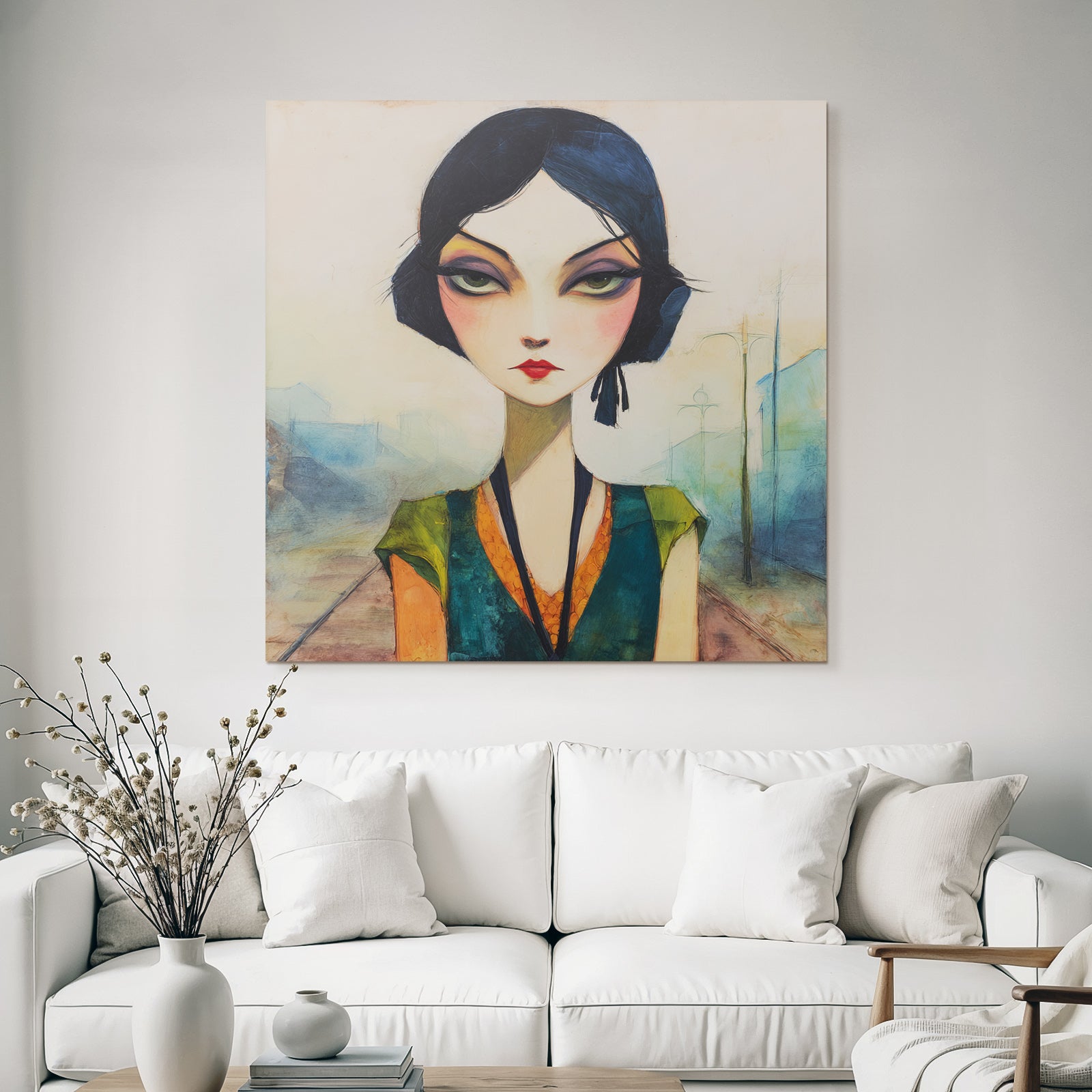 ArtDeco Frau Mit Übergrossen Augen Und Leuchtenden Farben Vor Urbaner Kulisse