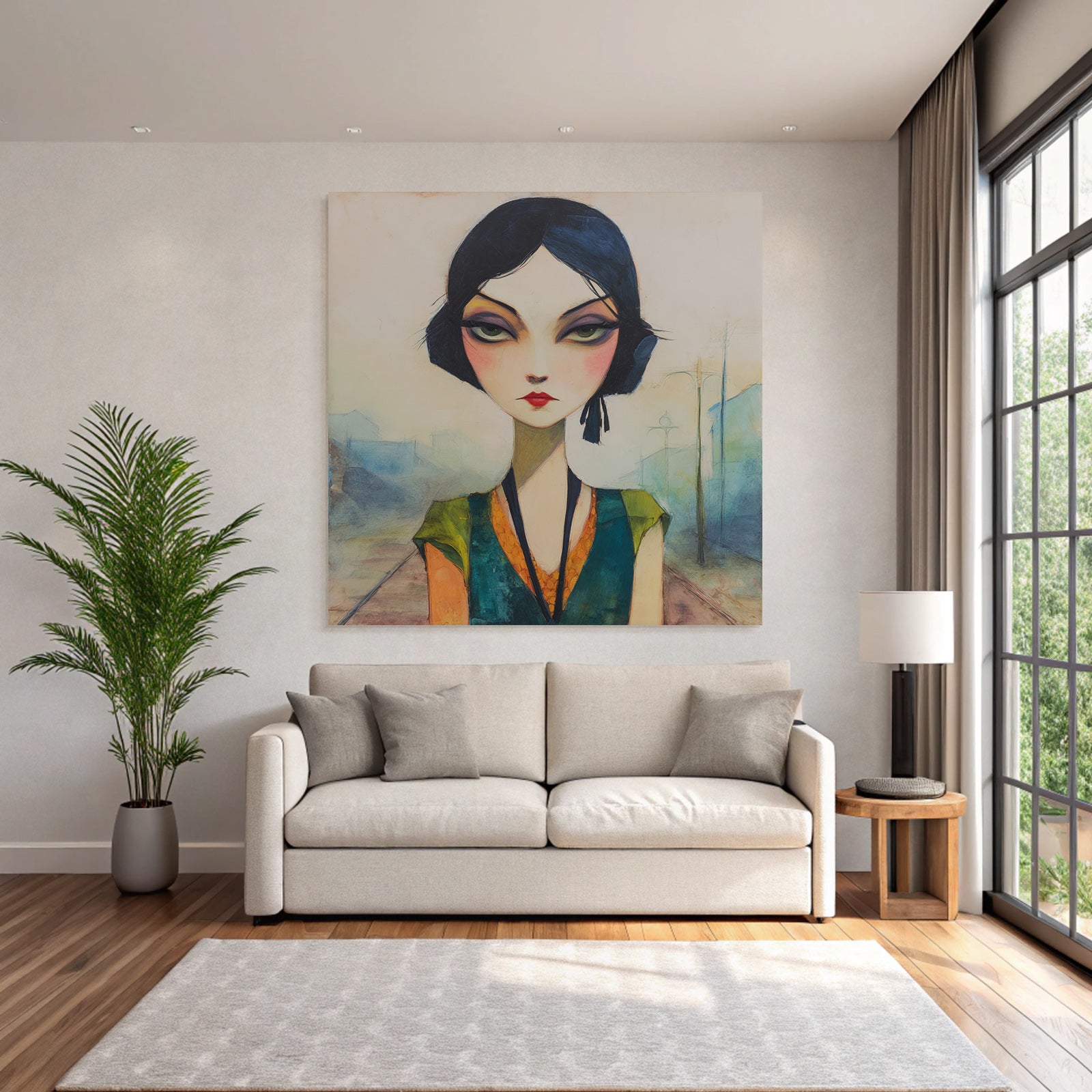 ArtDeco Frau Mit Übergrossen Augen Und Leuchtenden Farben Vor Urbaner Kulisse