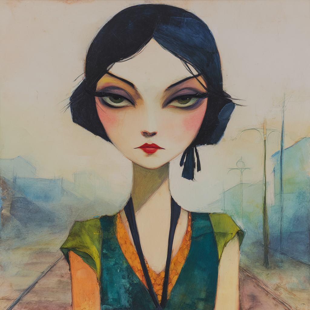 ArtDeco Frau Mit Übergrossen Augen Und Leuchtenden Farben Vor Urbaner Kulisse | Art Deco | Stilrichtungen