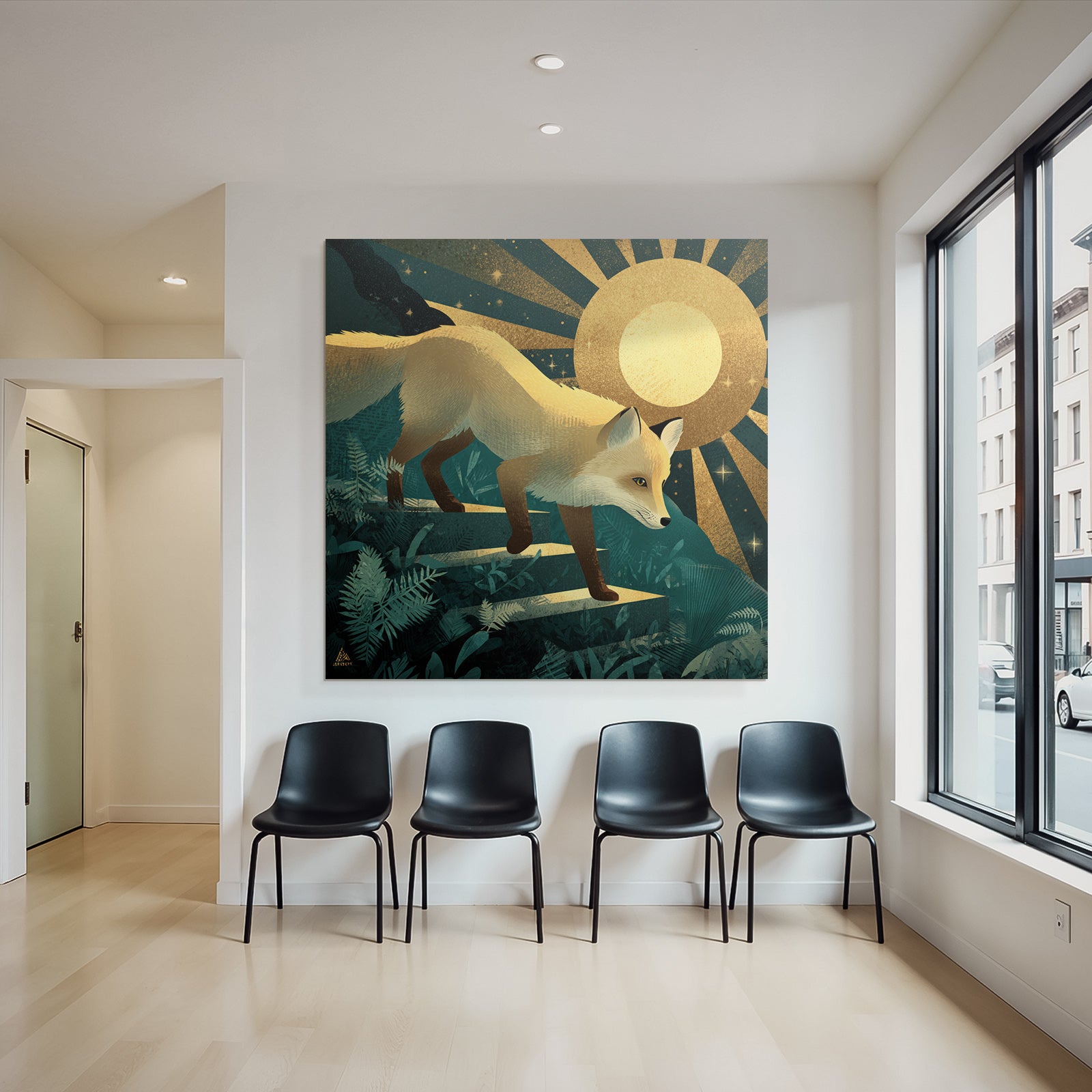 ArtDeco Fuchs Geht Treppe Hinunter Unter Leuchtender Sonne Und Sternenklarem Himmel
