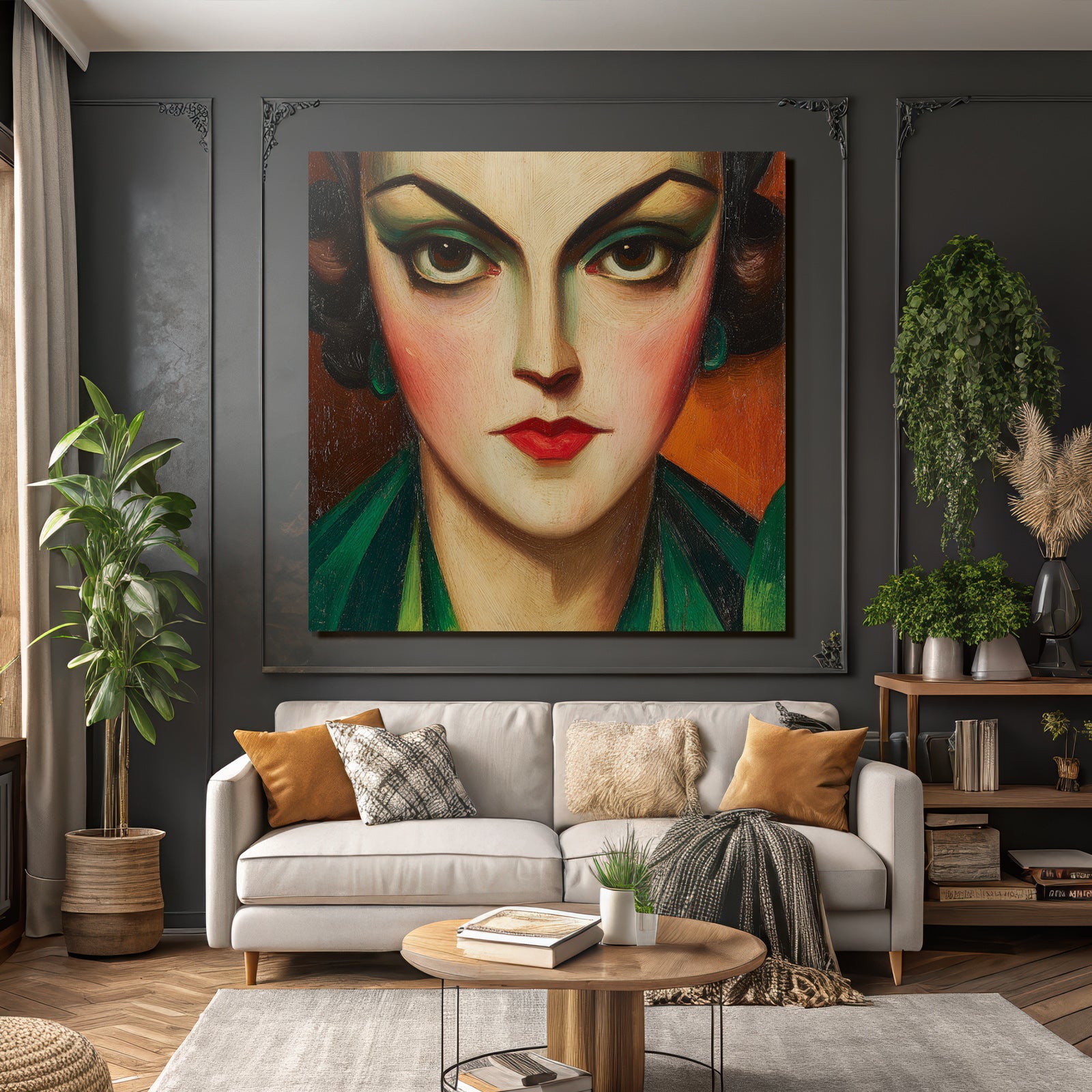 ArtDeco Glamourös Porträt Einer Frau Mit Kühnen Farben