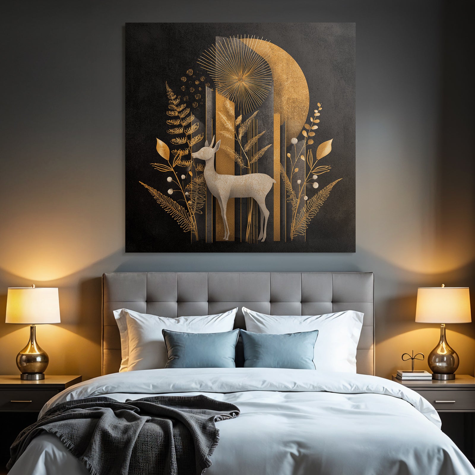 ArtDeco Goldener Hirsch Mit Stilisierten Pflanzen Und Geometrischen Formen