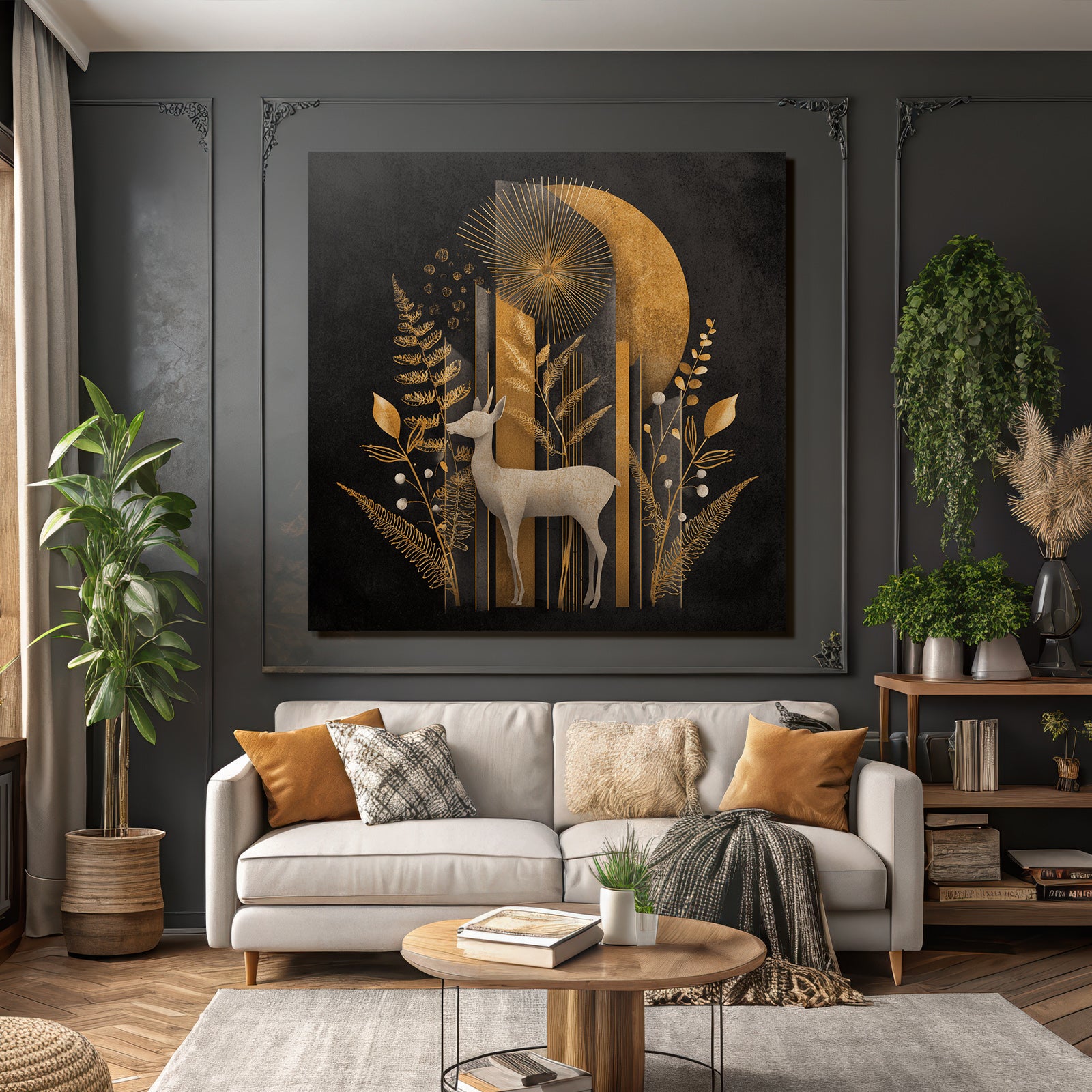 ArtDeco Goldener Hirsch Mit Stilisierten Pflanzen Und Geometrischen Formen