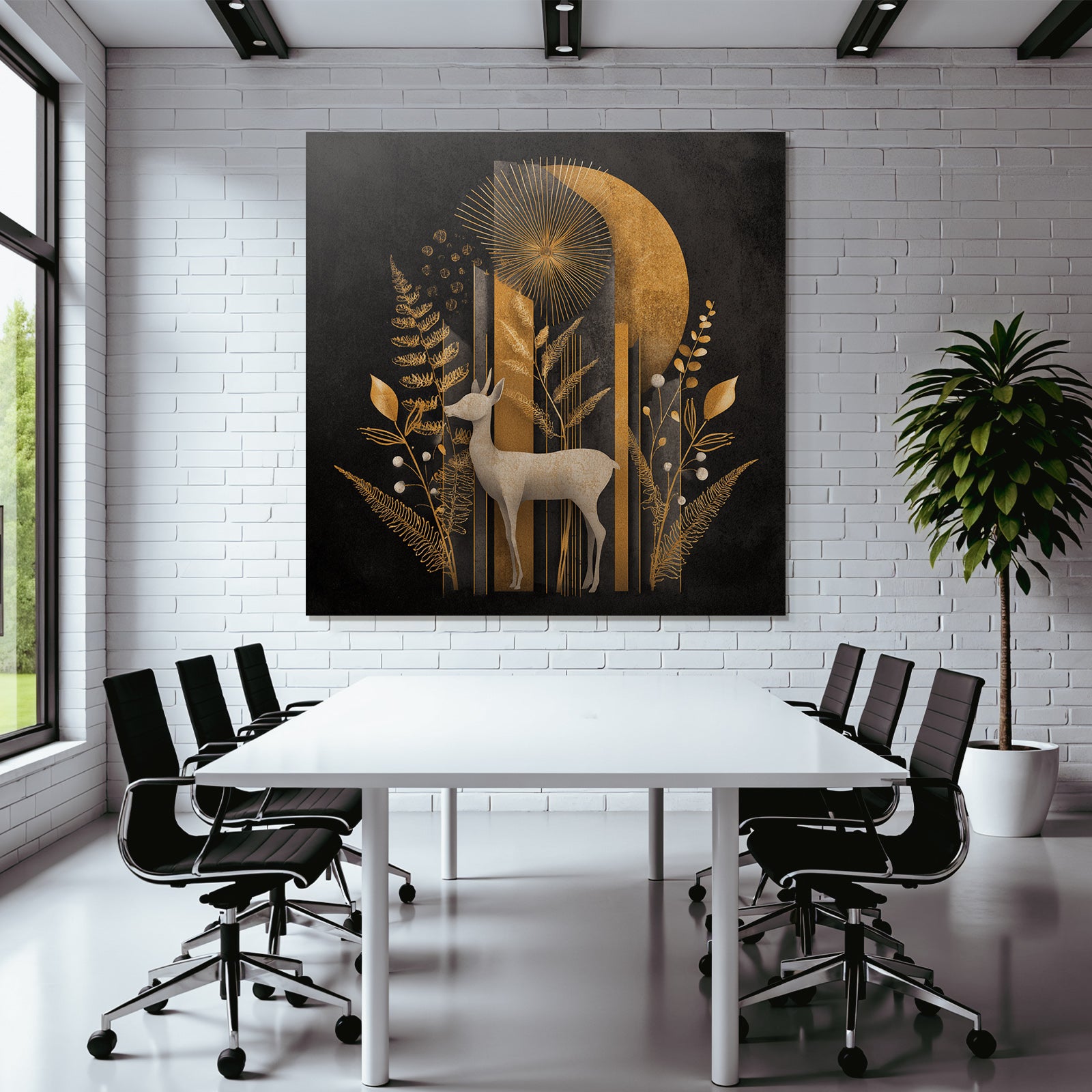 ArtDeco Goldener Hirsch Mit Stilisierten Pflanzen Und Geometrischen Formen
