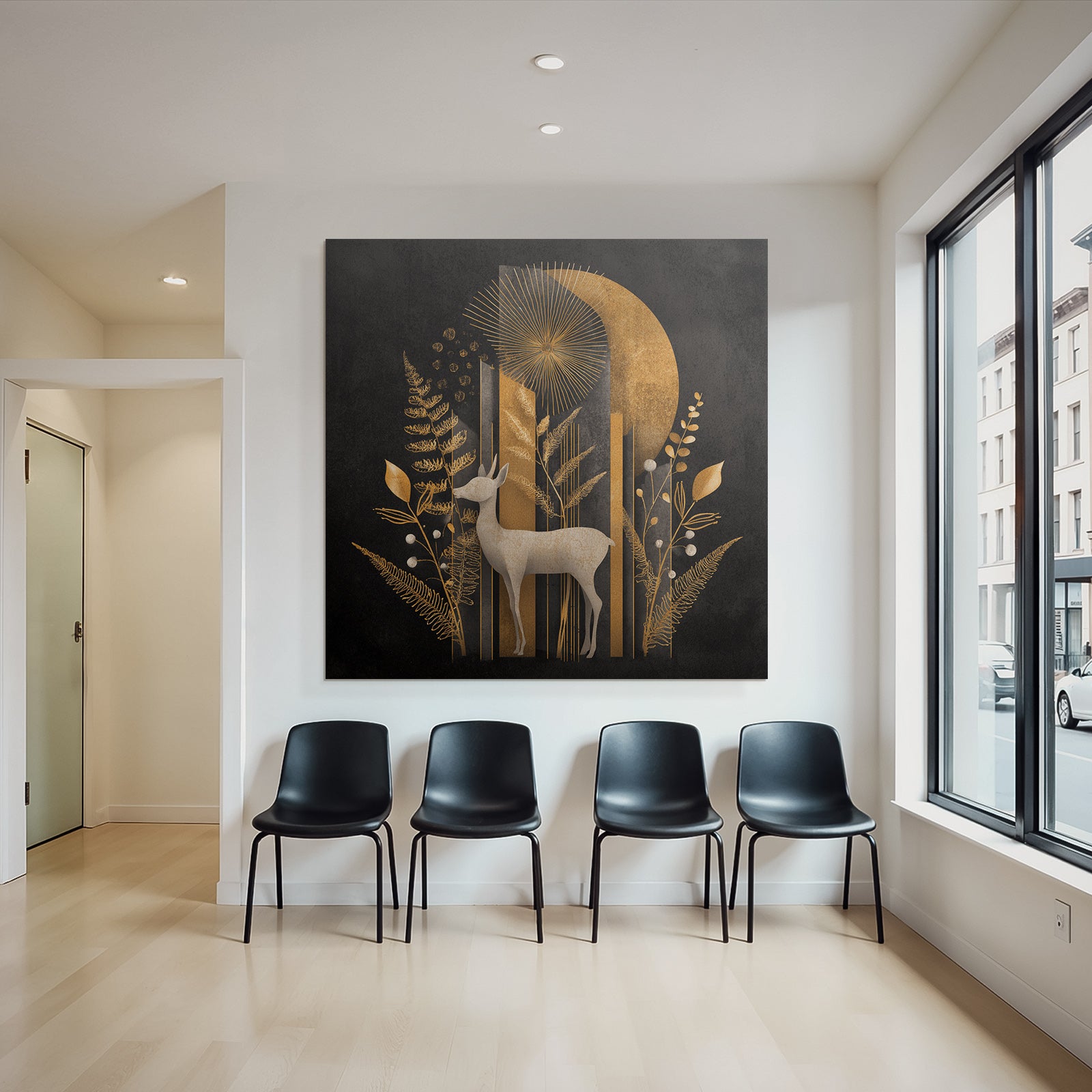 ArtDeco Goldener Hirsch Mit Stilisierten Pflanzen Und Geometrischen Formen