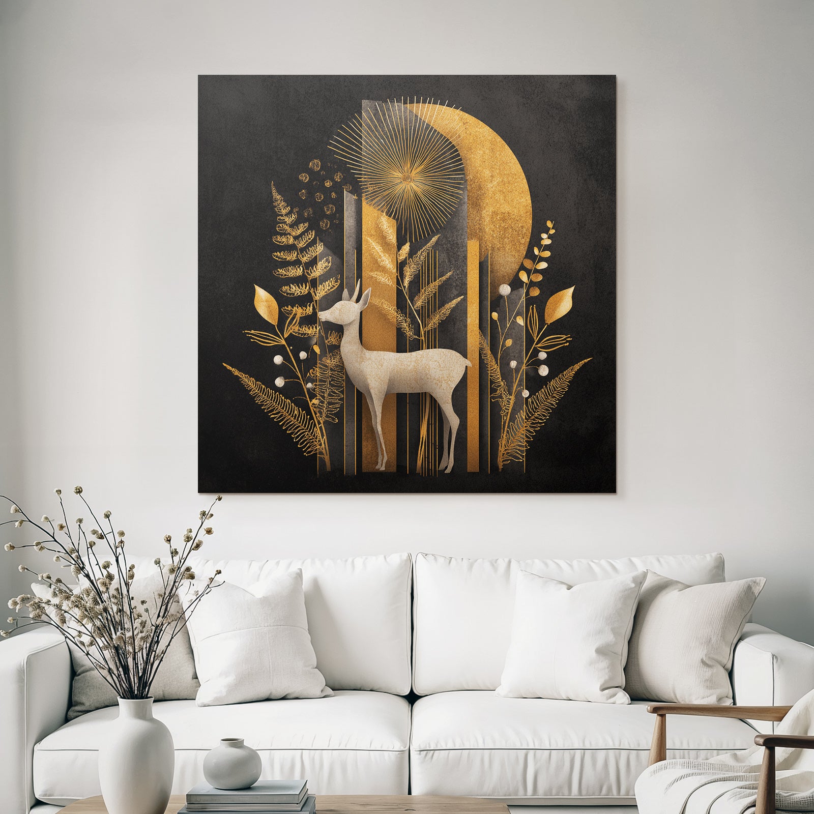 ArtDeco Goldener Hirsch Mit Stilisierten Pflanzen Und Geometrischen Formen