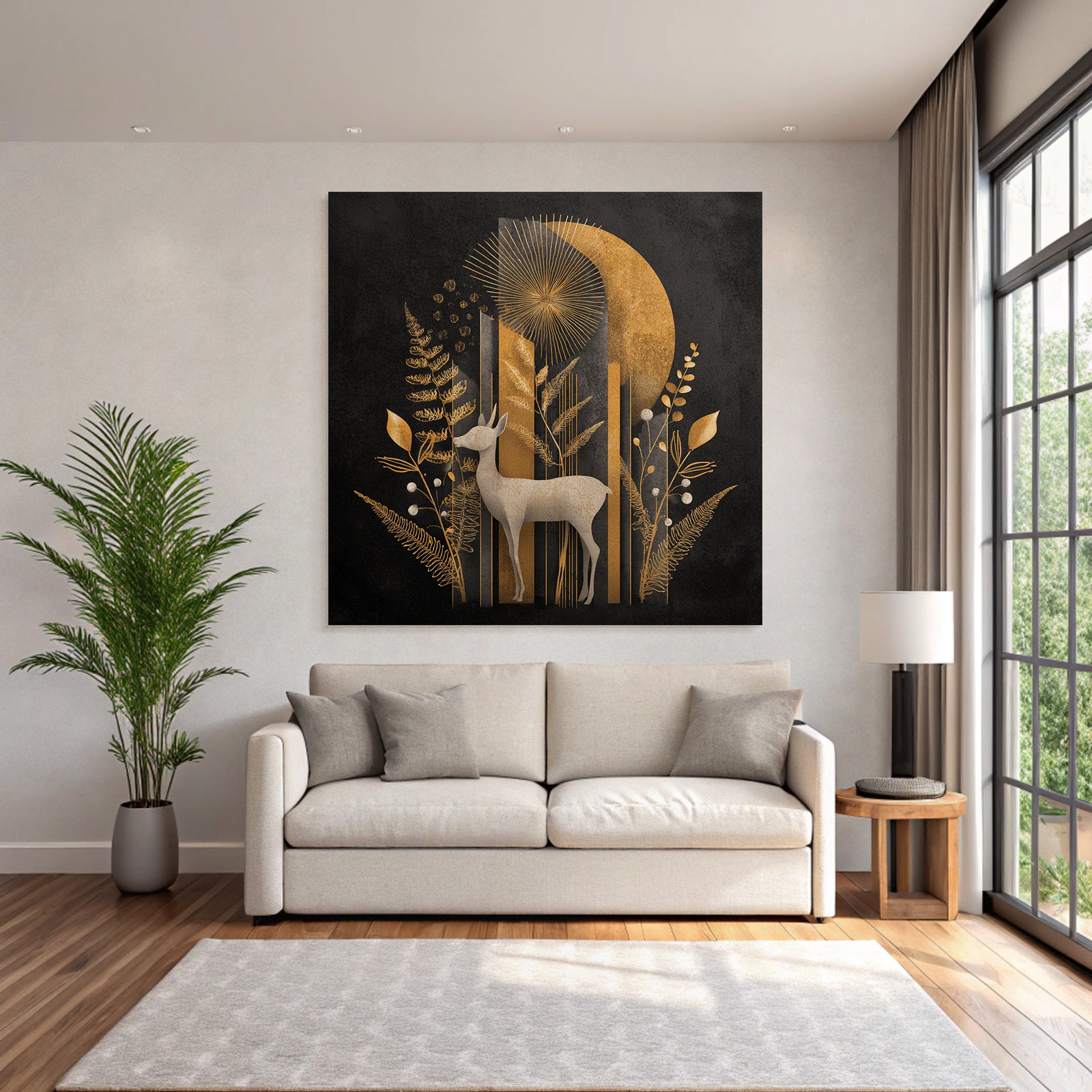 ArtDeco Goldener Hirsch Mit Stilisierten Pflanzen Und Geometrischen Formen