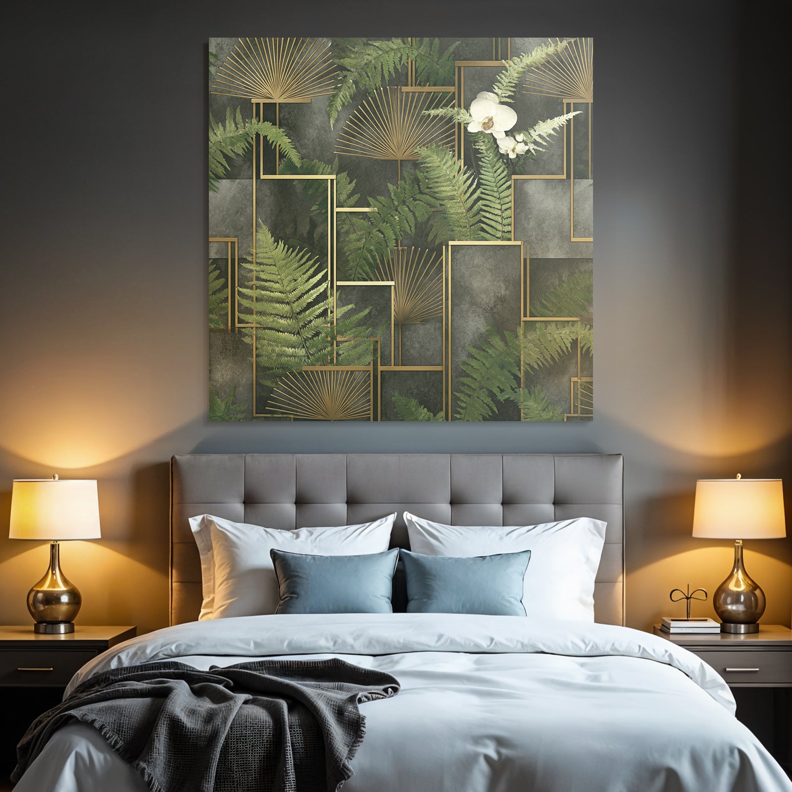 ArtDeco Grüne Farnblätter Und Orchidee Mit Goldenen Geometrischen Elementen