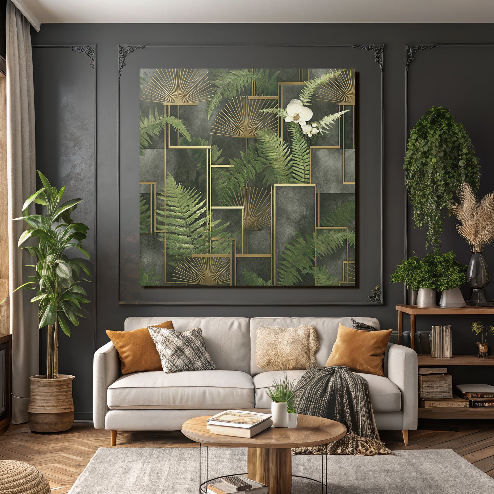 ArtDeco Grüne Farnblätter Und Orchidee Mit Goldenen Geometrischen Elementen