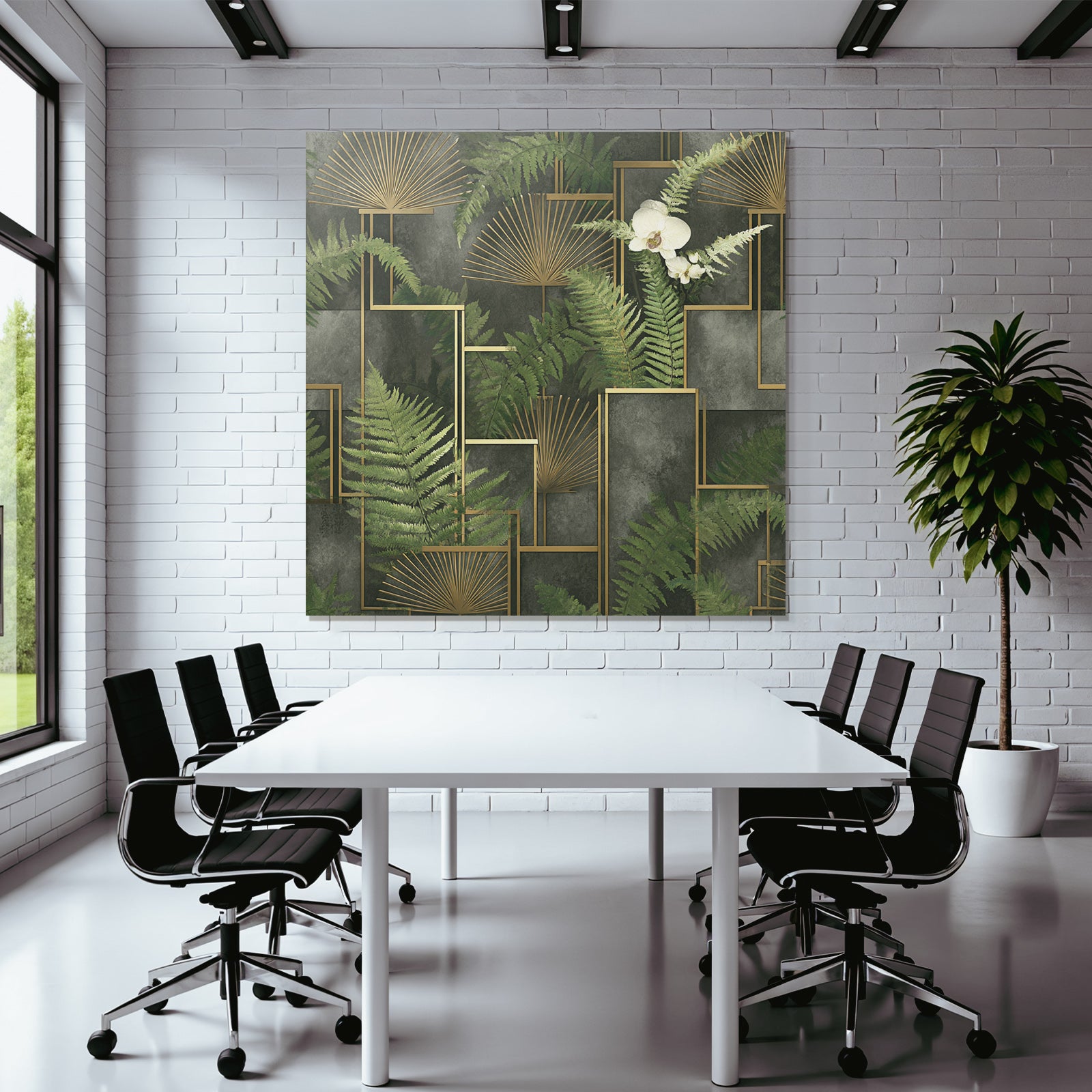 ArtDeco Grüne Farnblätter Und Orchidee Mit Goldenen Geometrischen Elementen