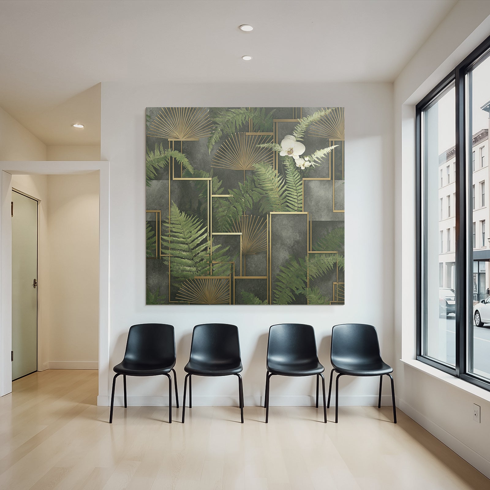 ArtDeco Grüne Farnblätter Und Orchidee Mit Goldenen Geometrischen Elementen