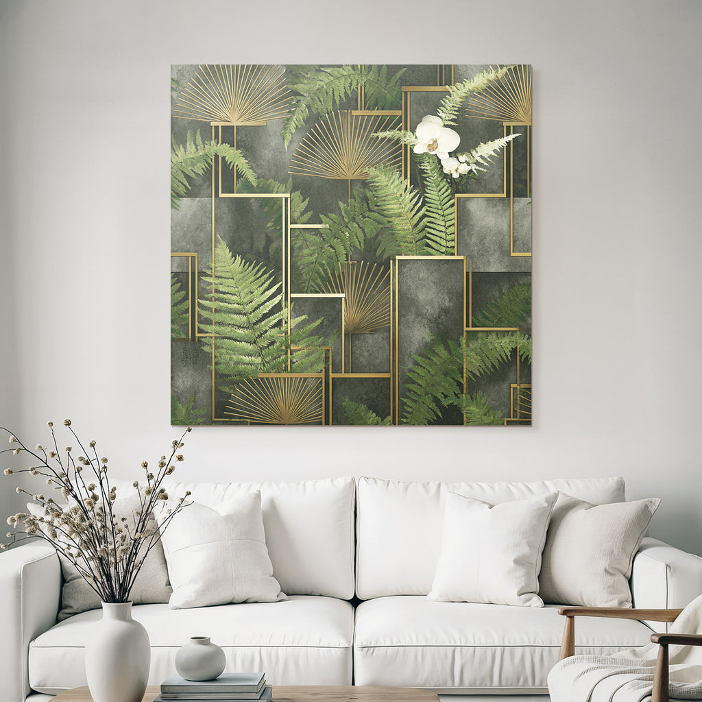 ArtDeco Grüne Farnblätter Und Orchidee Mit Goldenen Geometrischen Elementen