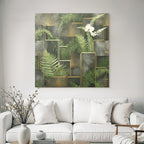 ArtDeco Grüne Farnblätter Und Orchidee Mit Goldenen Geometrischen Elementen