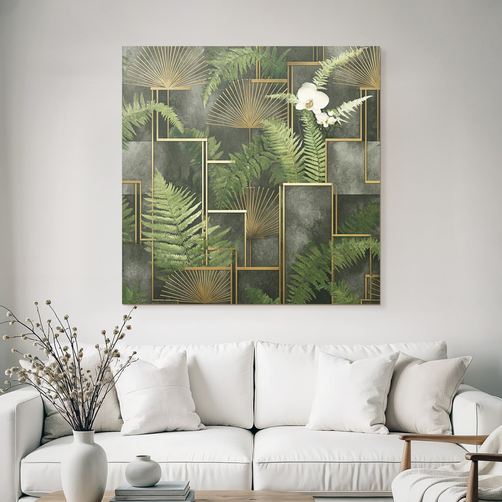 ArtDeco Grüne Farnblätter Und Orchidee Mit Goldenen Geometrischen Elementen