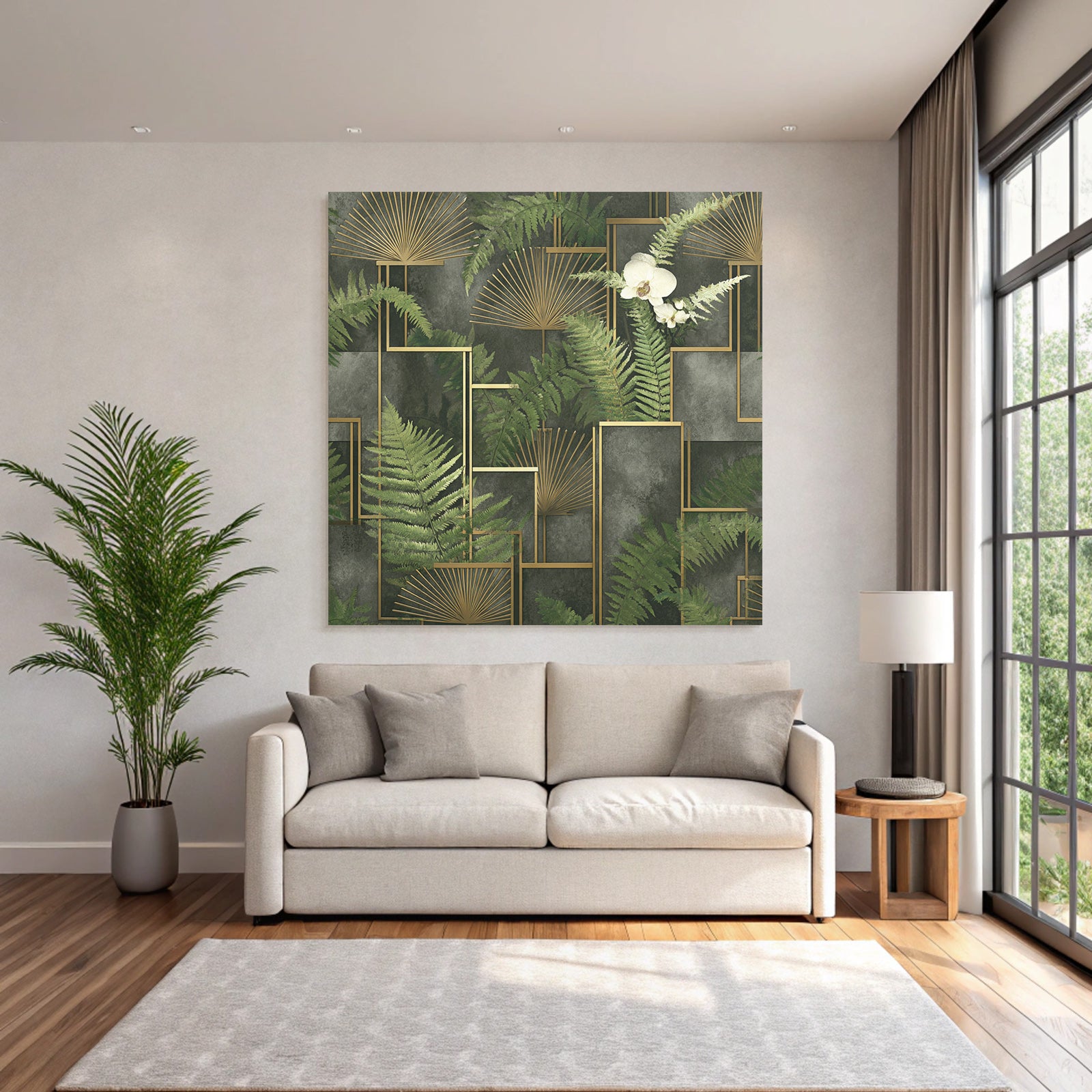 ArtDeco Grüne Farnblätter Und Orchidee Mit Goldenen Geometrischen Elementen