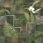 ArtDeco Grüne Farnblätter Und Orchidee Mit Goldenen Geometrischen Elementen | Art Deco | Stilrichtungen