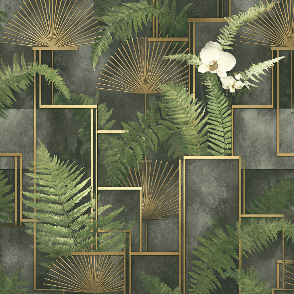 ArtDeco Grüne Farnblätter Und Orchidee Mit Goldenen Geometrischen Elementen | Art Deco | Stilrichtungen