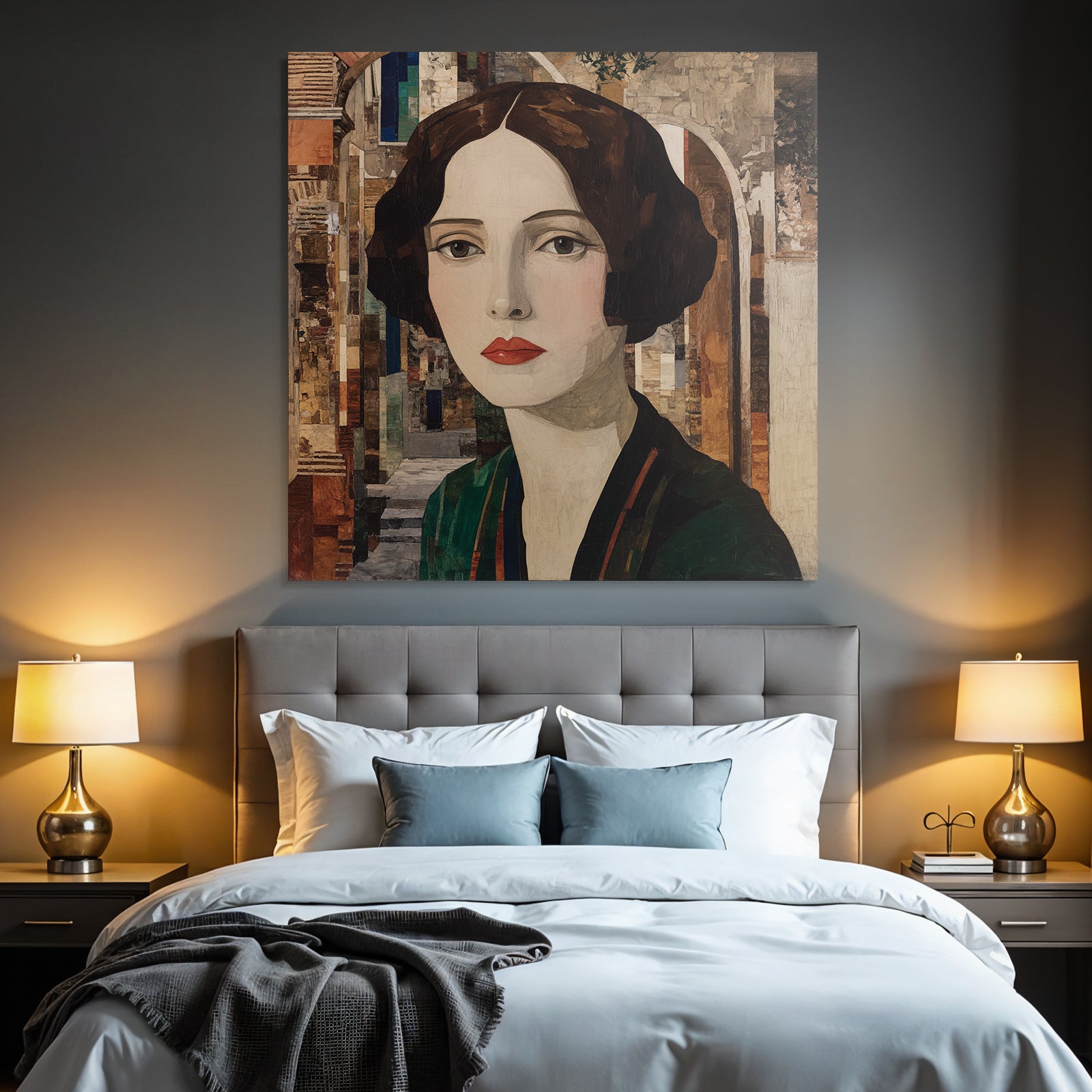 ArtDeco Kunstvolles Fraünporträt Mit Abstrakter Architektur