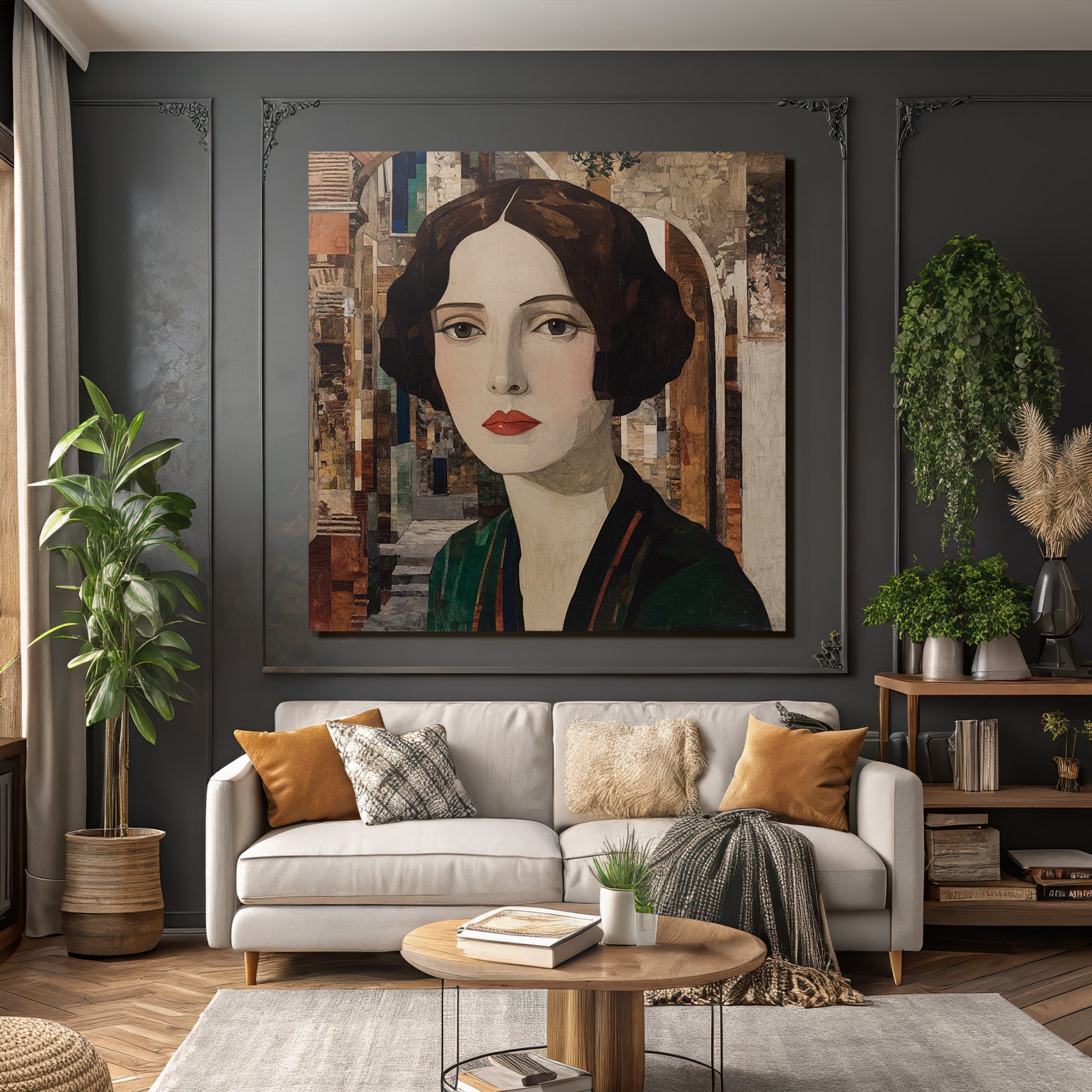 ArtDeco Kunstvolles Fraünporträt Mit Abstrakter Architektur