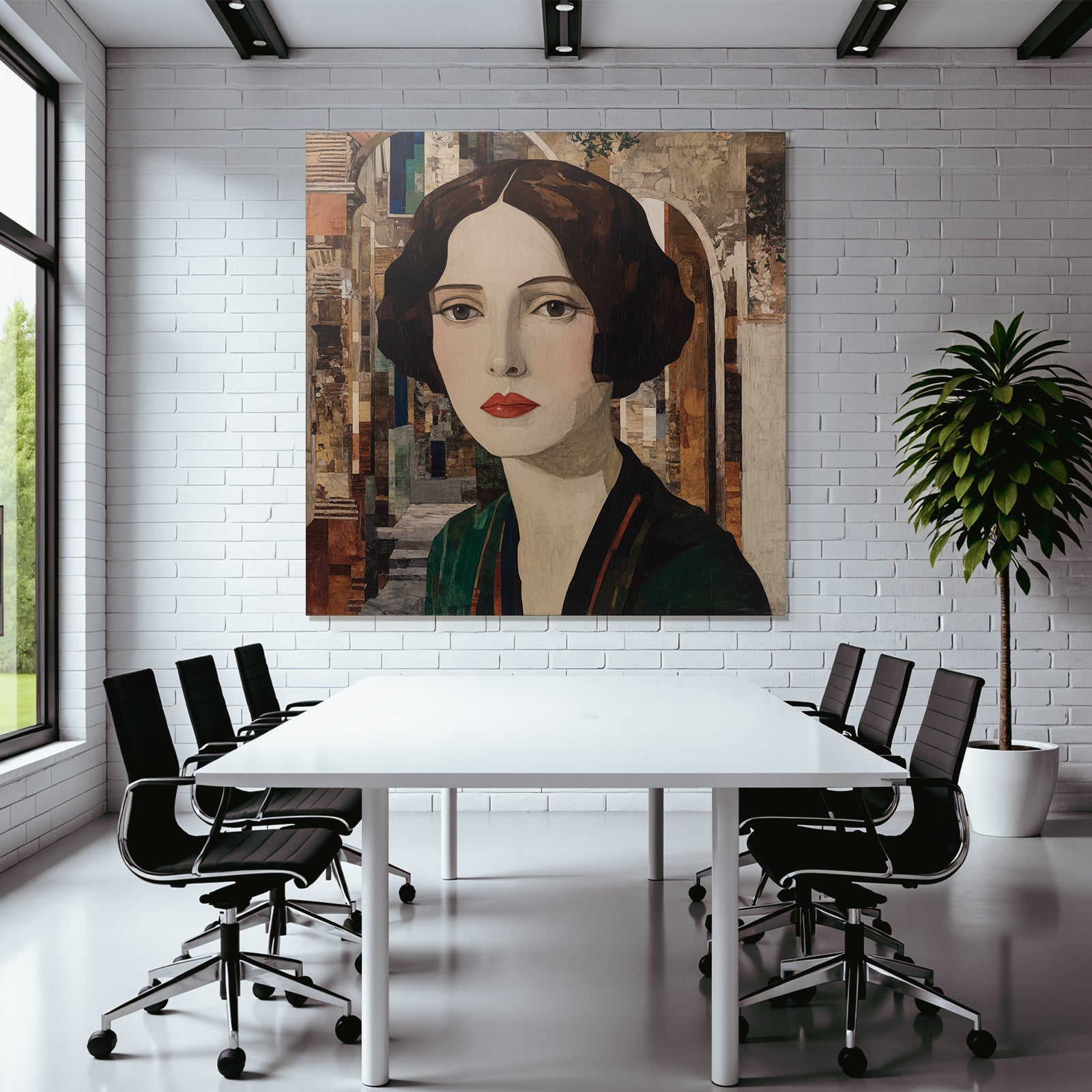 ArtDeco Kunstvolles Fraünporträt Mit Abstrakter Architektur