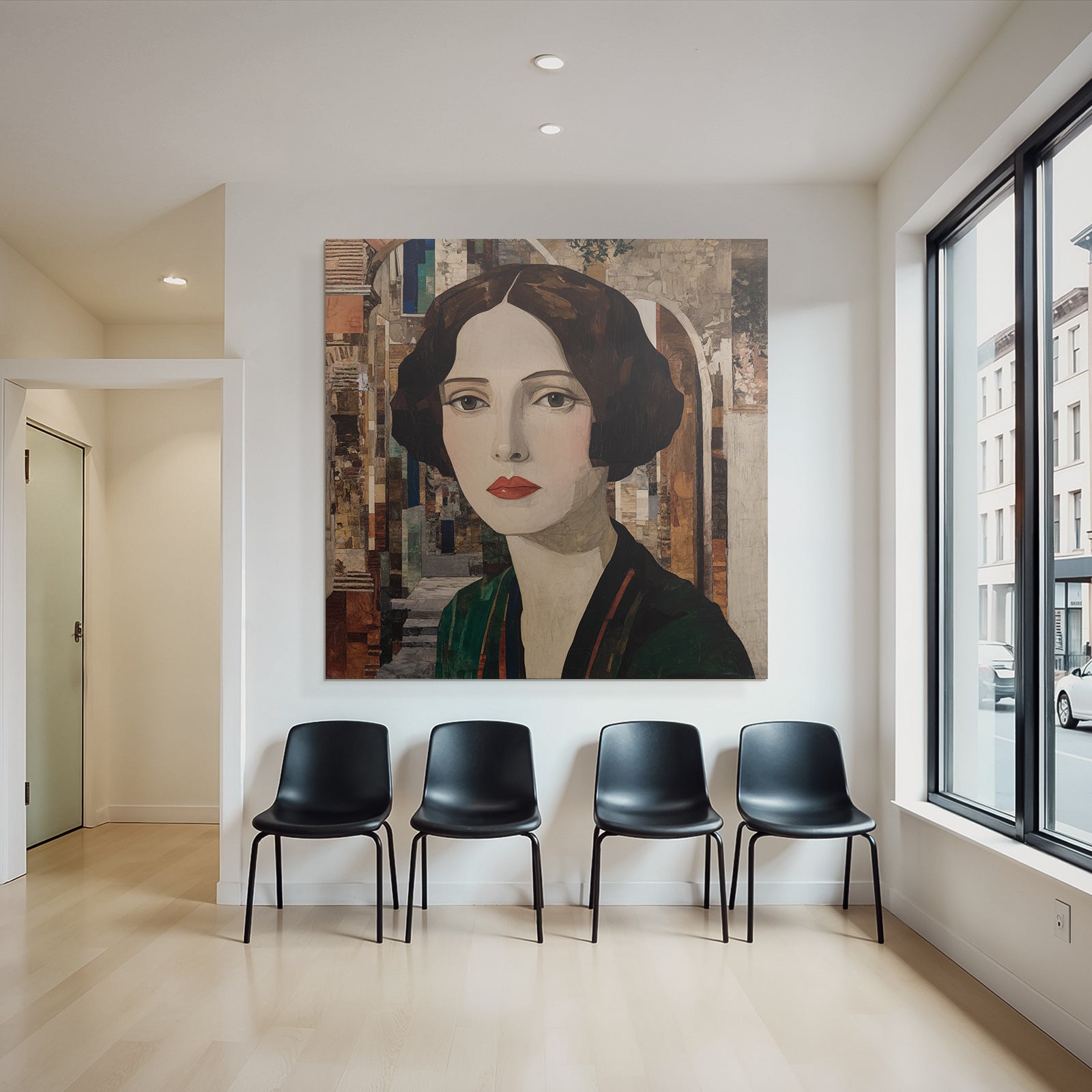 ArtDeco Kunstvolles Fraünporträt Mit Abstrakter Architektur