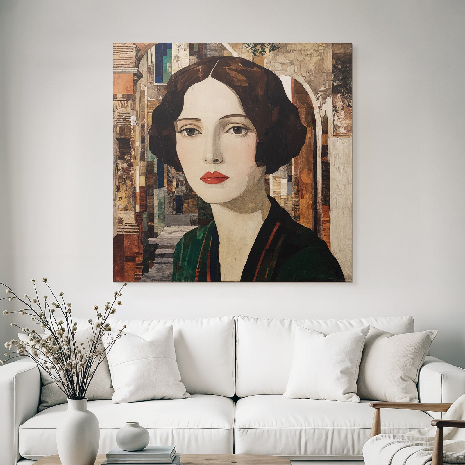ArtDeco Kunstvolles Fraünporträt Mit Abstrakter Architektur