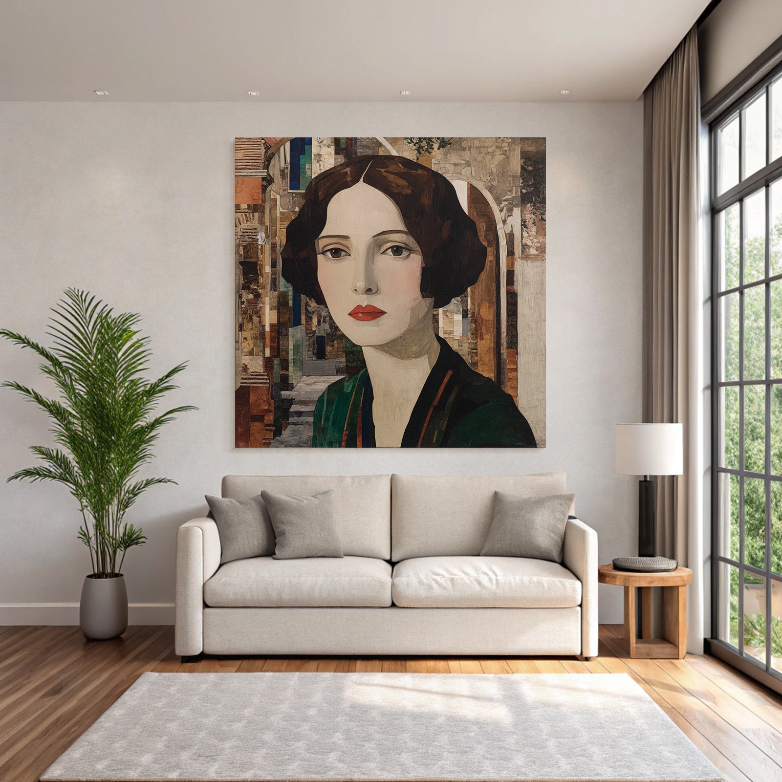 ArtDeco Kunstvolles Fraünporträt Mit Abstrakter Architektur