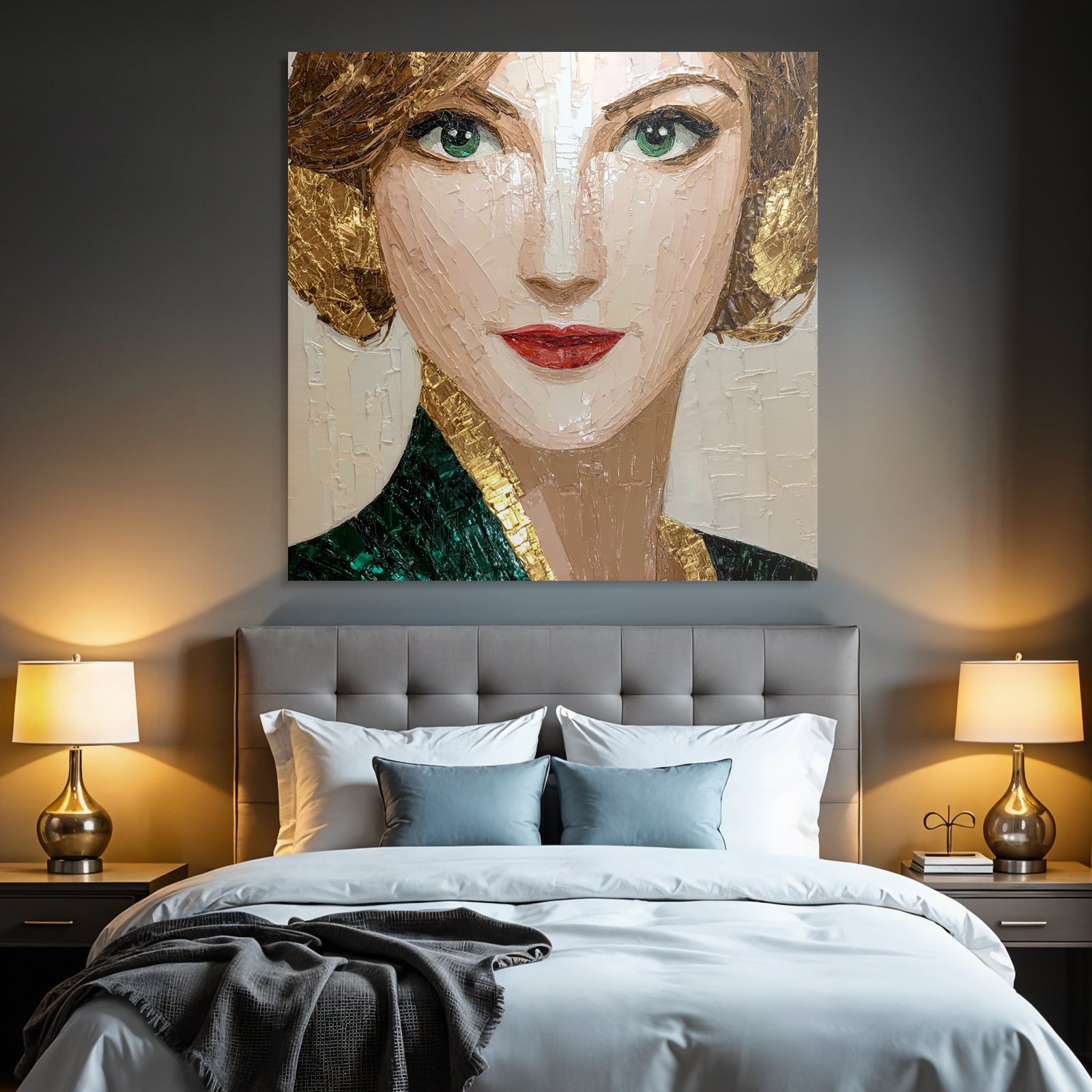 ArtDeco Kunstvolles Portrat Einer Frau In Grun Und Gold