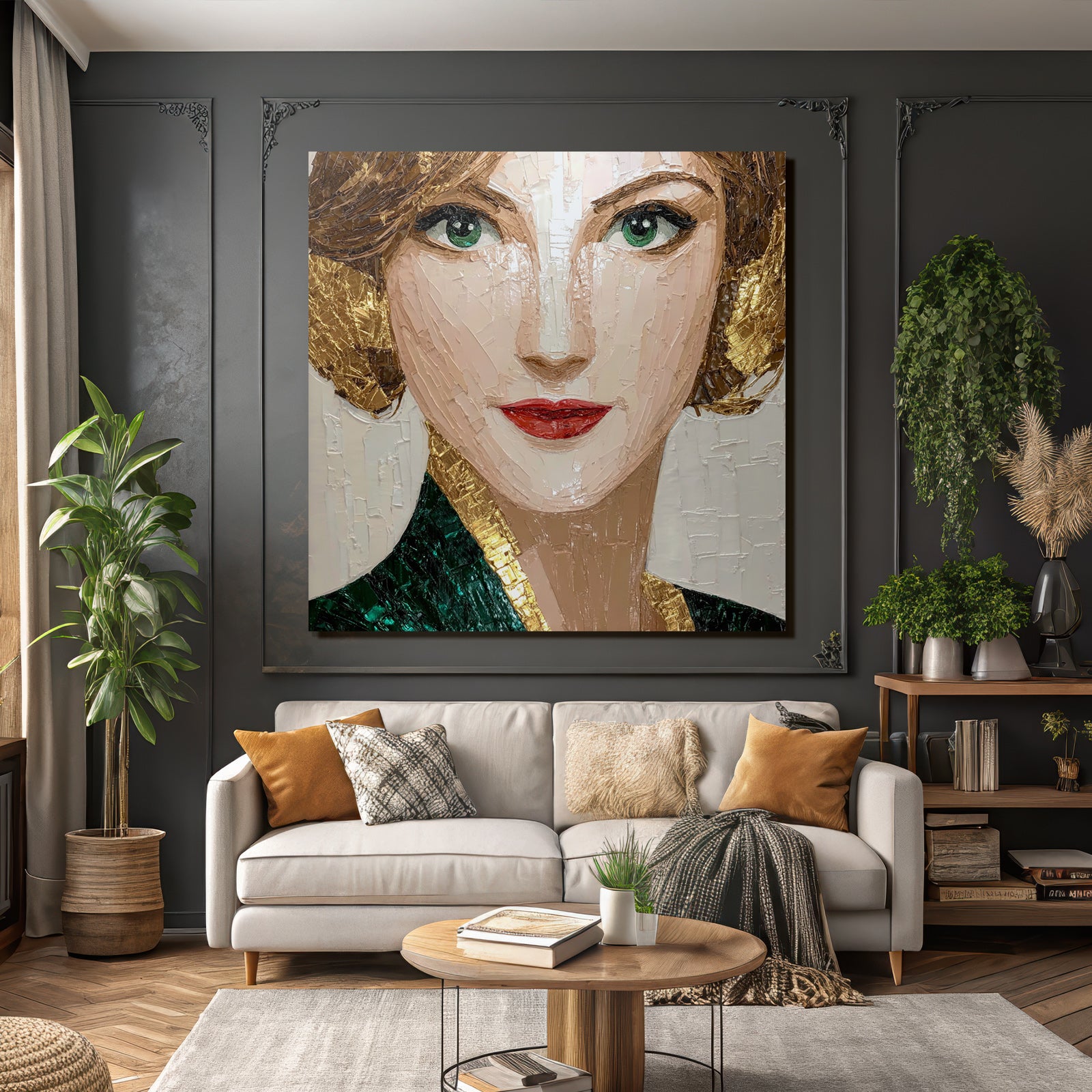 ArtDeco Kunstvolles Portrat Einer Frau In Grun Und Gold