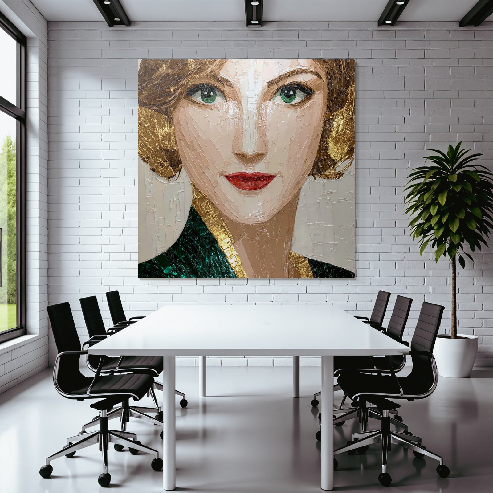 ArtDeco Kunstvolles Portrat Einer Frau In Grun Und Gold