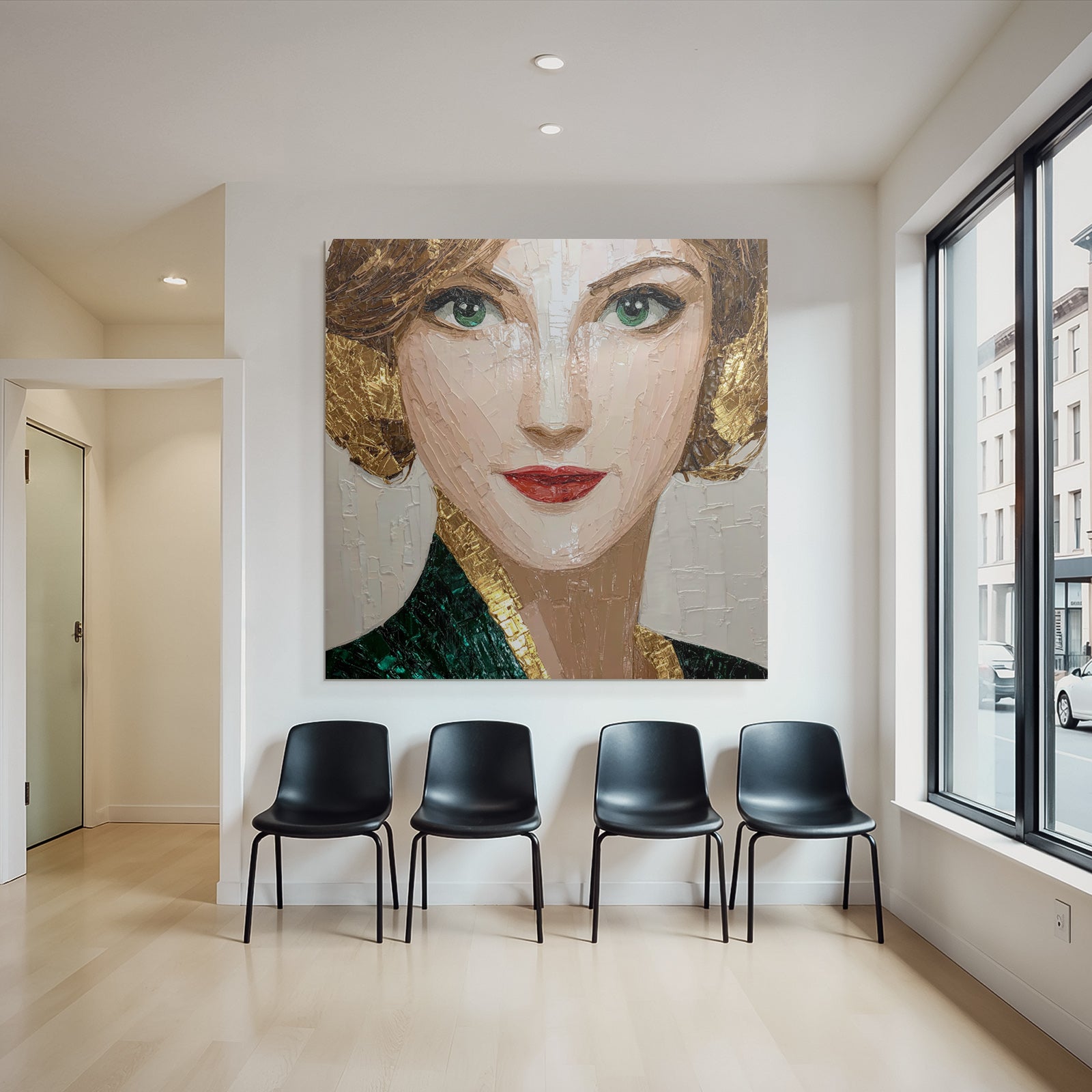 ArtDeco Kunstvolles Portrat Einer Frau In Grun Und Gold
