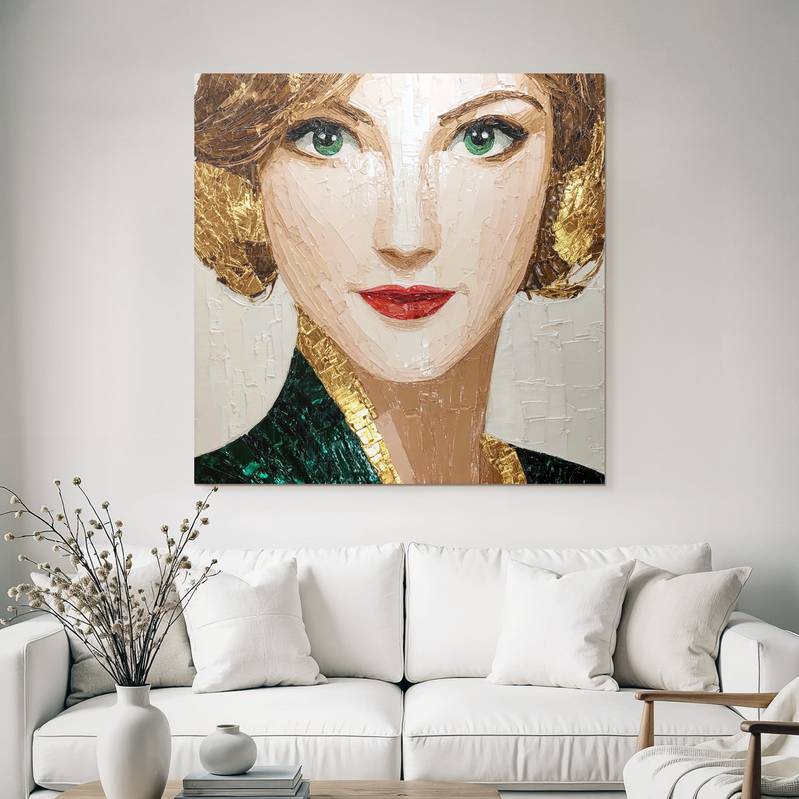 ArtDeco Kunstvolles Portrat Einer Frau In Grun Und Gold