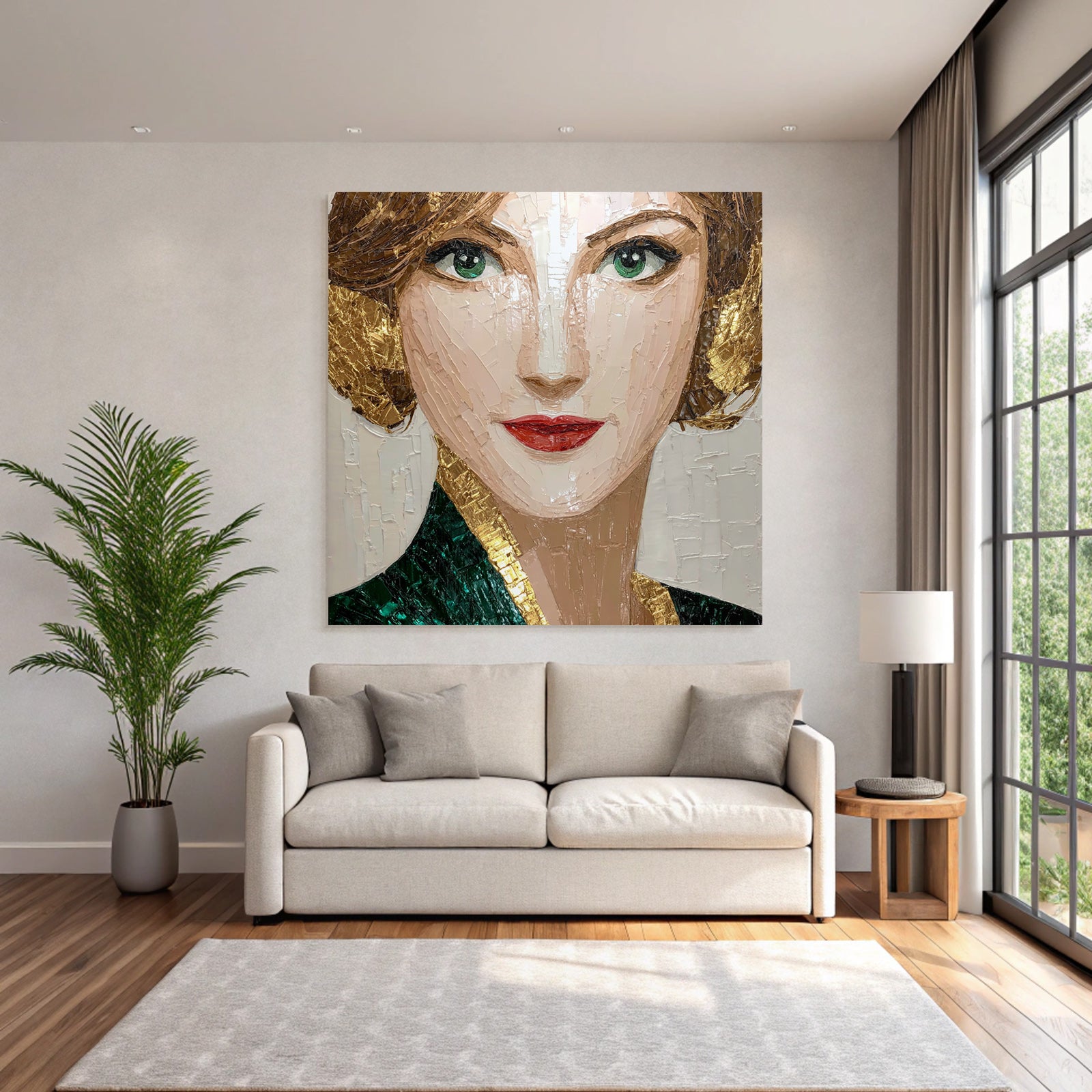 ArtDeco Kunstvolles Portrat Einer Frau In Grun Und Gold