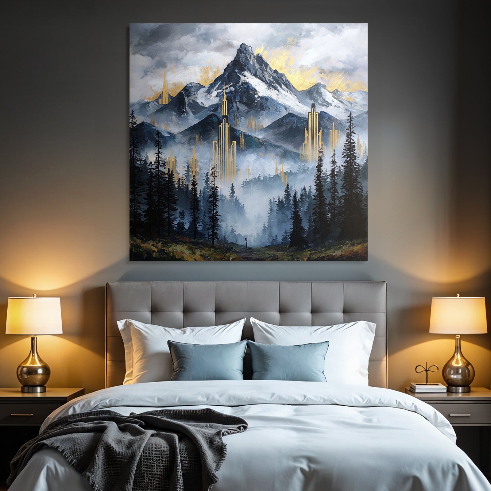 ArtDeco Mystische Berglandschaft Mit Goldenen Architekturelementen